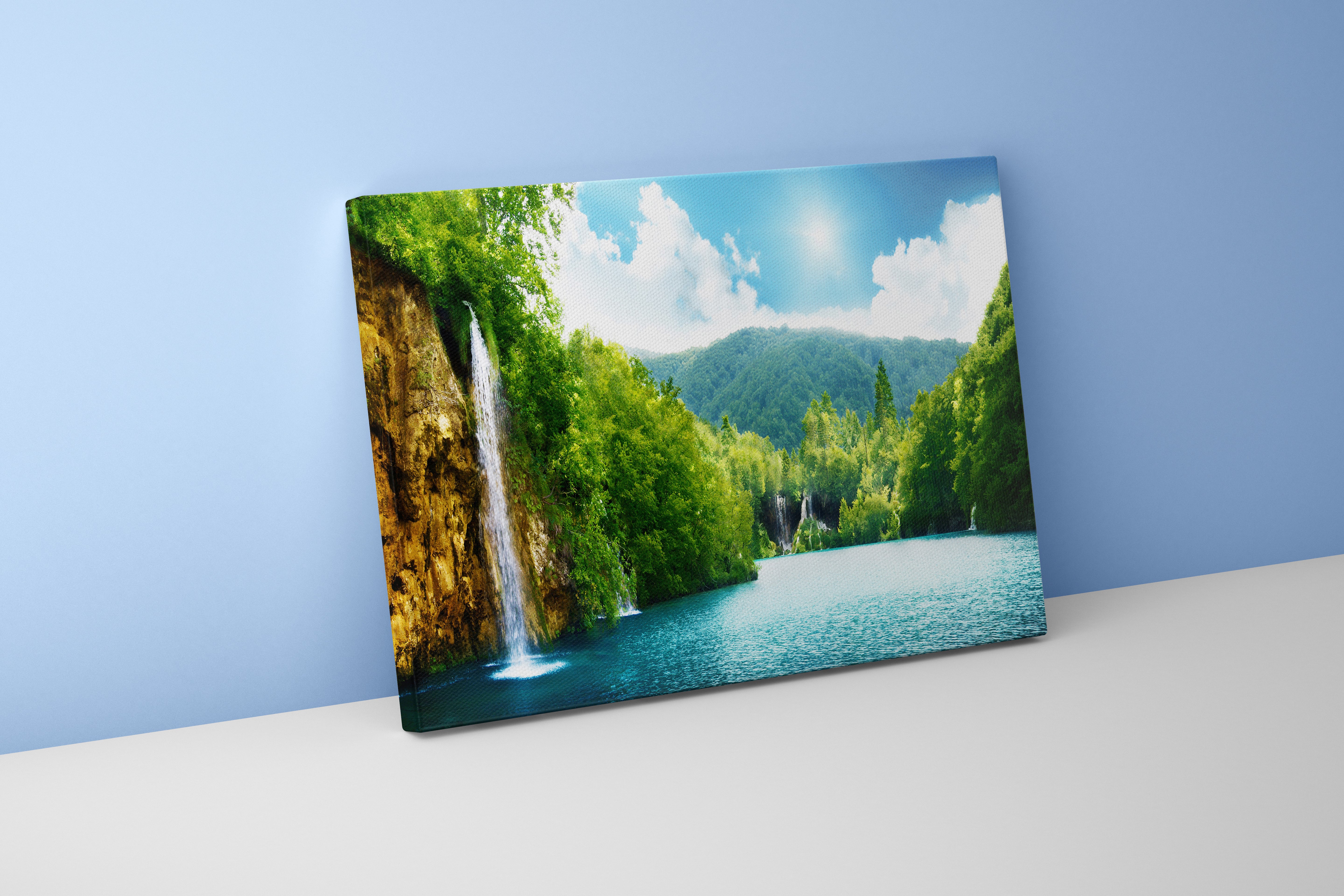 a paradise of waterfalls cascading into a vibrant turquoise lake in a lush valley, view, art, kanvas tablo