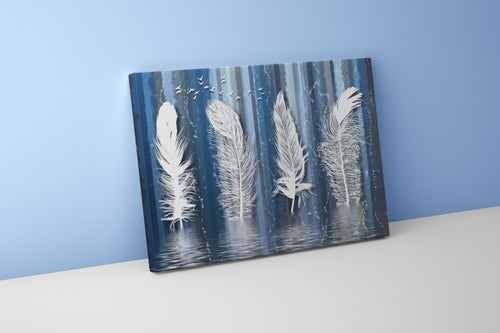a surreal painting of giant white feathers standing like trees in the water, art, kanvas tablo