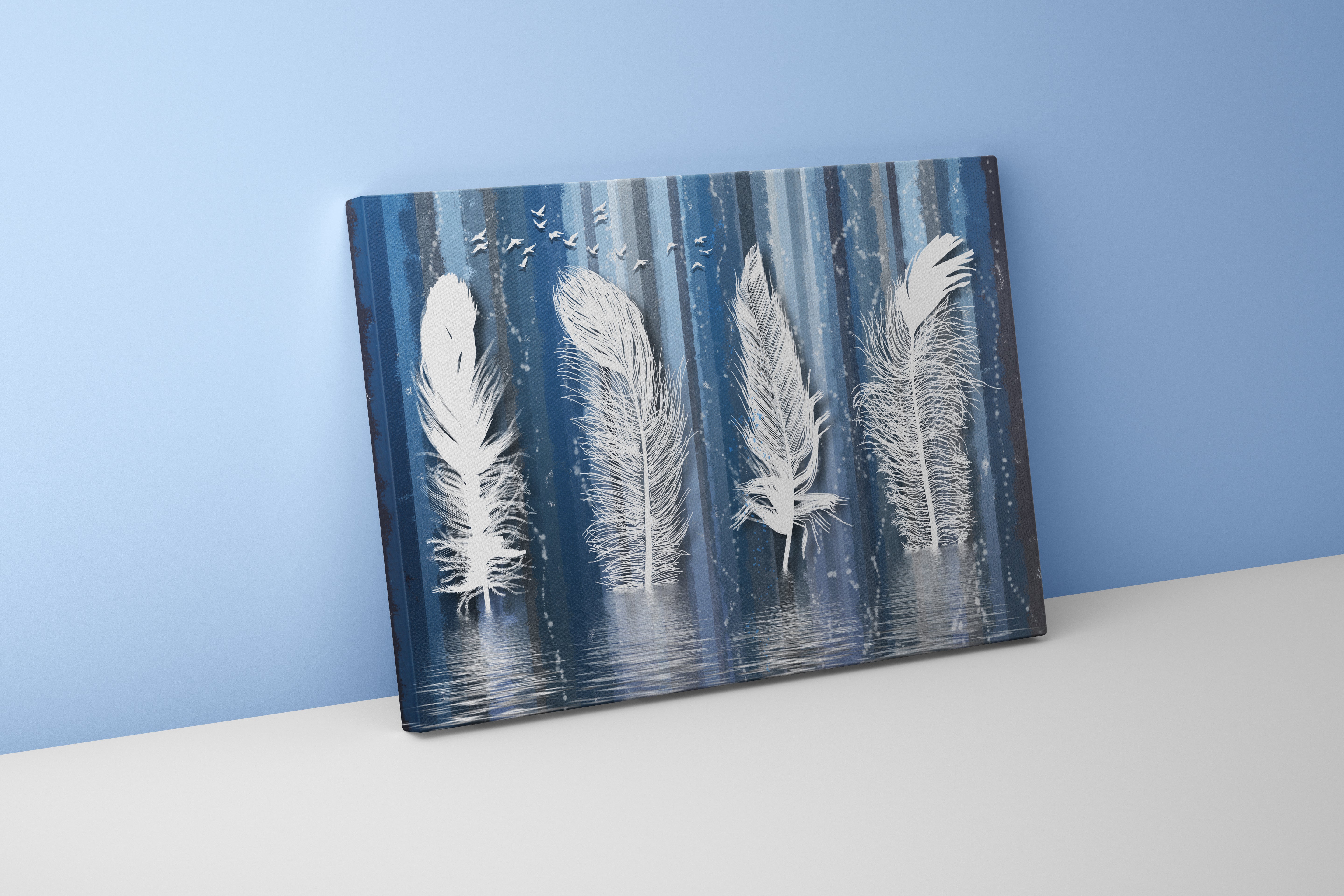 a surreal painting of giant white feathers standing like trees in the water, art, kanvas tablo