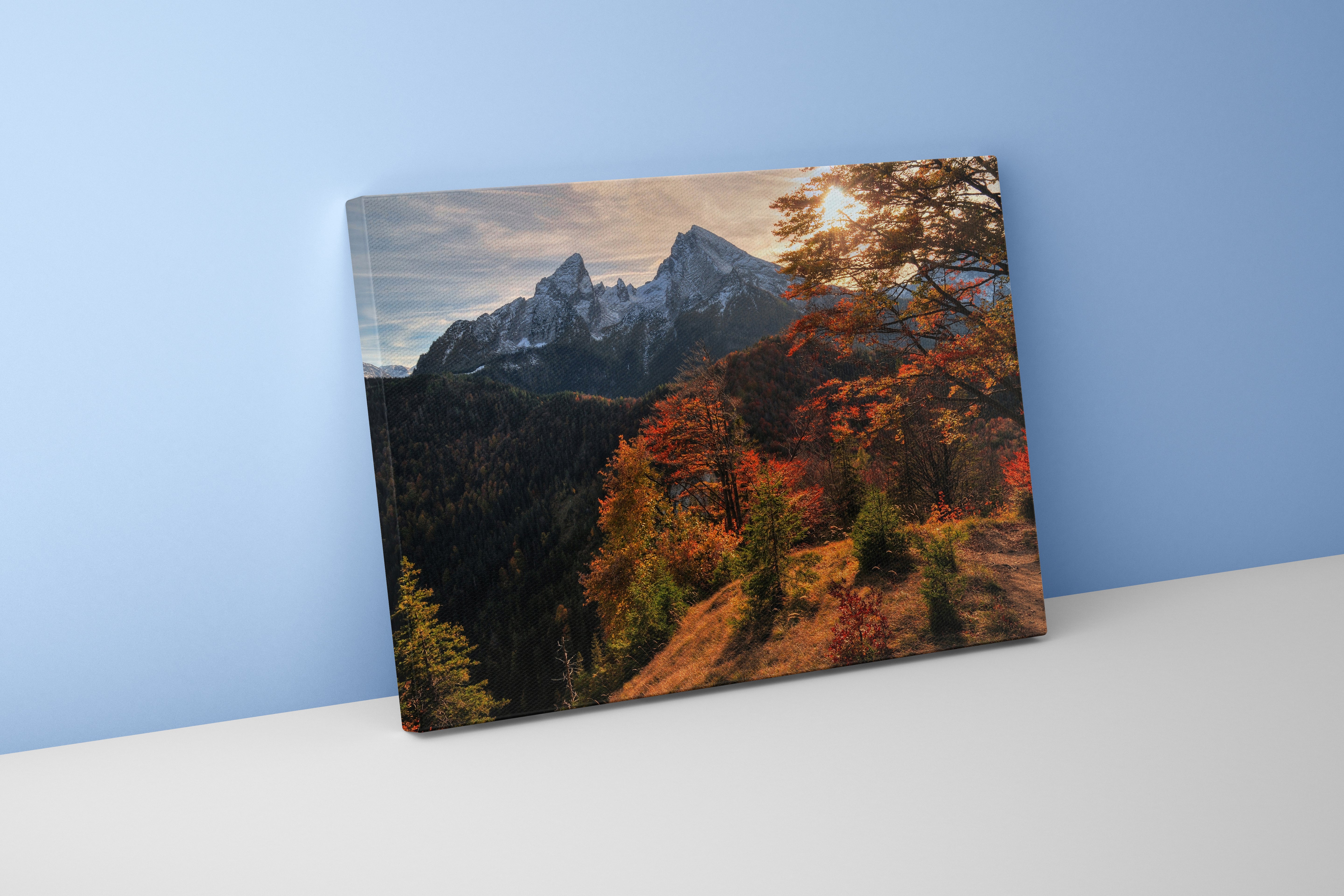 a majestic snow-capped mountain peak rising above a vibrant autumn forest, view, art, kanvas tablo