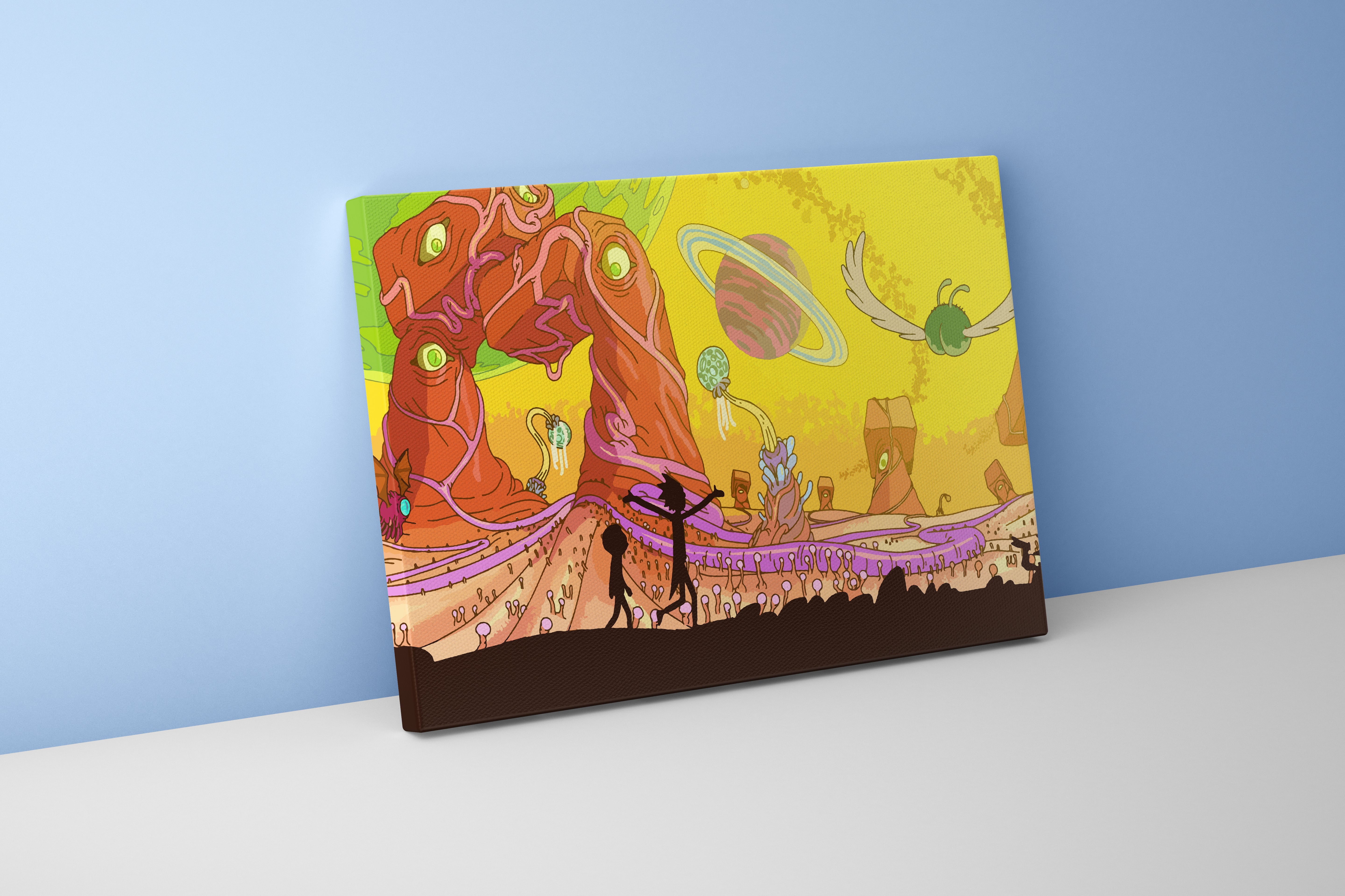 silhouettes of rick and morty exploring a vibrant, psychedelic alien world, anime, art, kanvas tablo