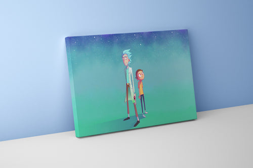rick and morty standing together under a beautiful, serene starry night sky, anime, art, kanvas tablo