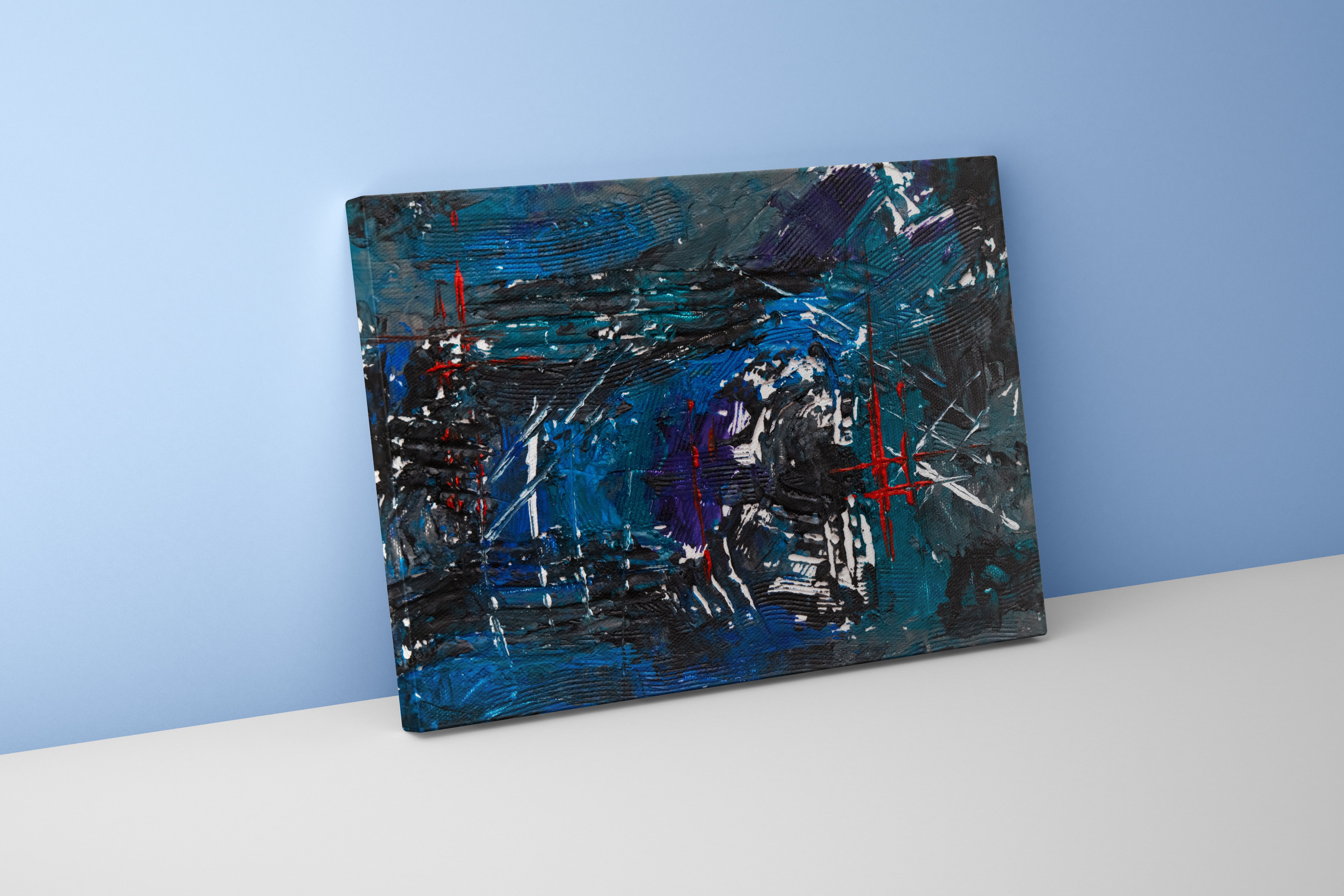 a heavily textured dark abstract painting with deep blue tones and red linear accents, abstract, art, kanvas tablo