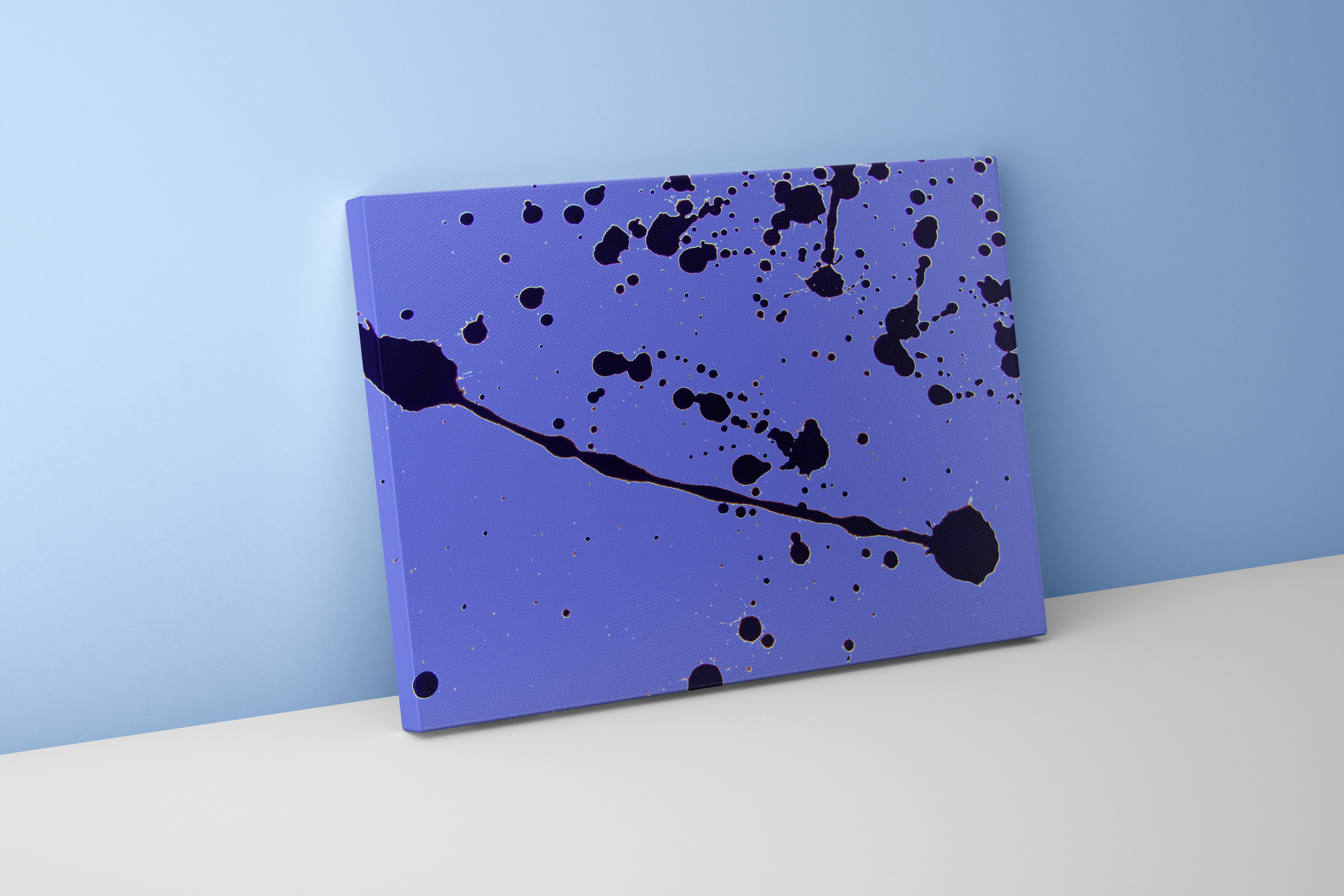 a minimalist abstract artwork with dynamic black paint splatters on a lavender background, abstract, art, kanvas tablo