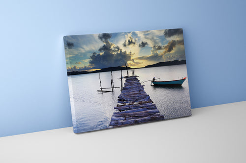 a rustic, weathered pier and a small boat on a calm, reflective lake, view, art, kanvas tablo