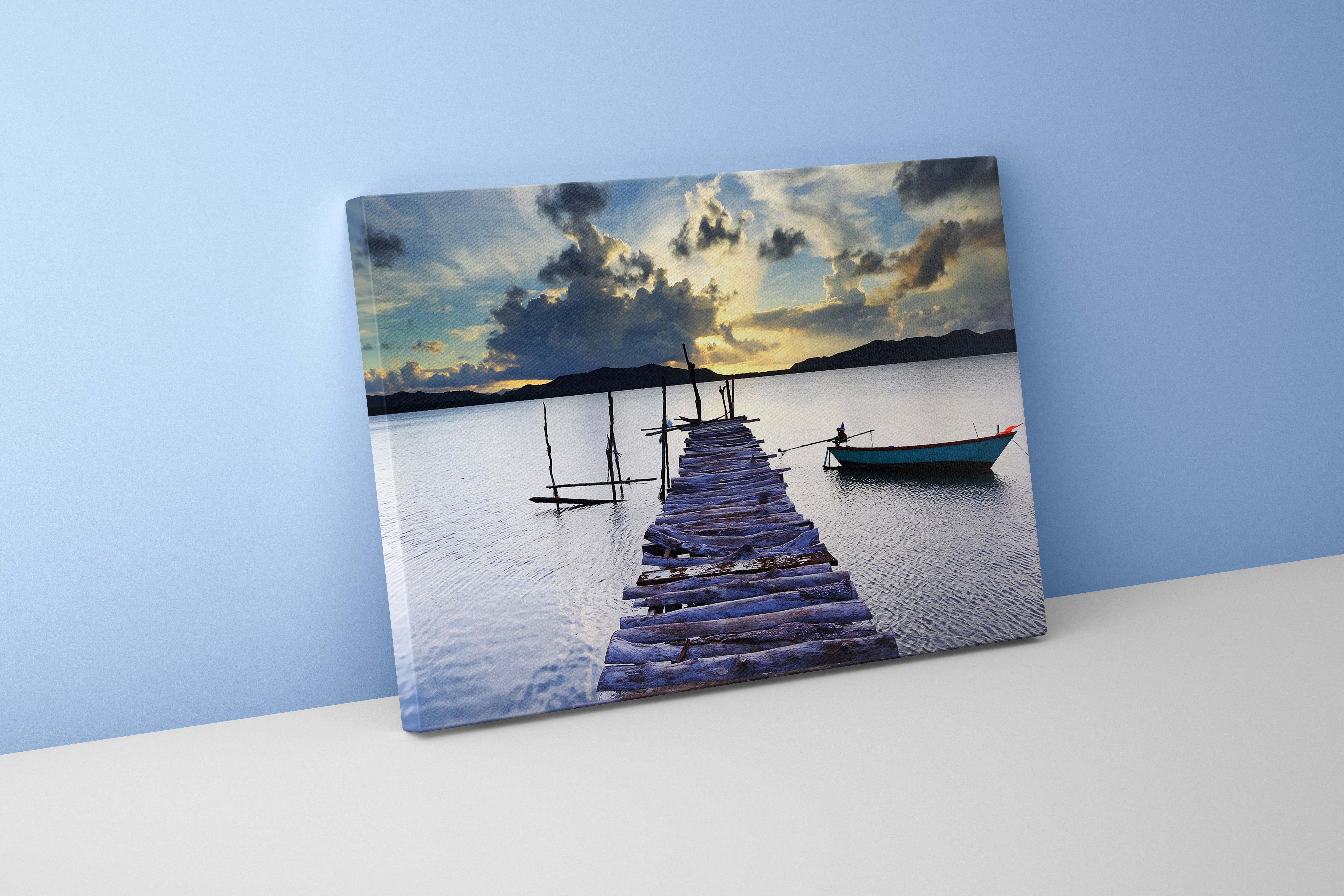 a rustic, weathered pier and a small boat on a calm, reflective lake, view, art, kanvas tablo