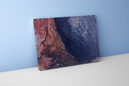 a macro view of fluid art with deep blue and sparkling terracotta red swirls, abstract, art, kanvas tablo