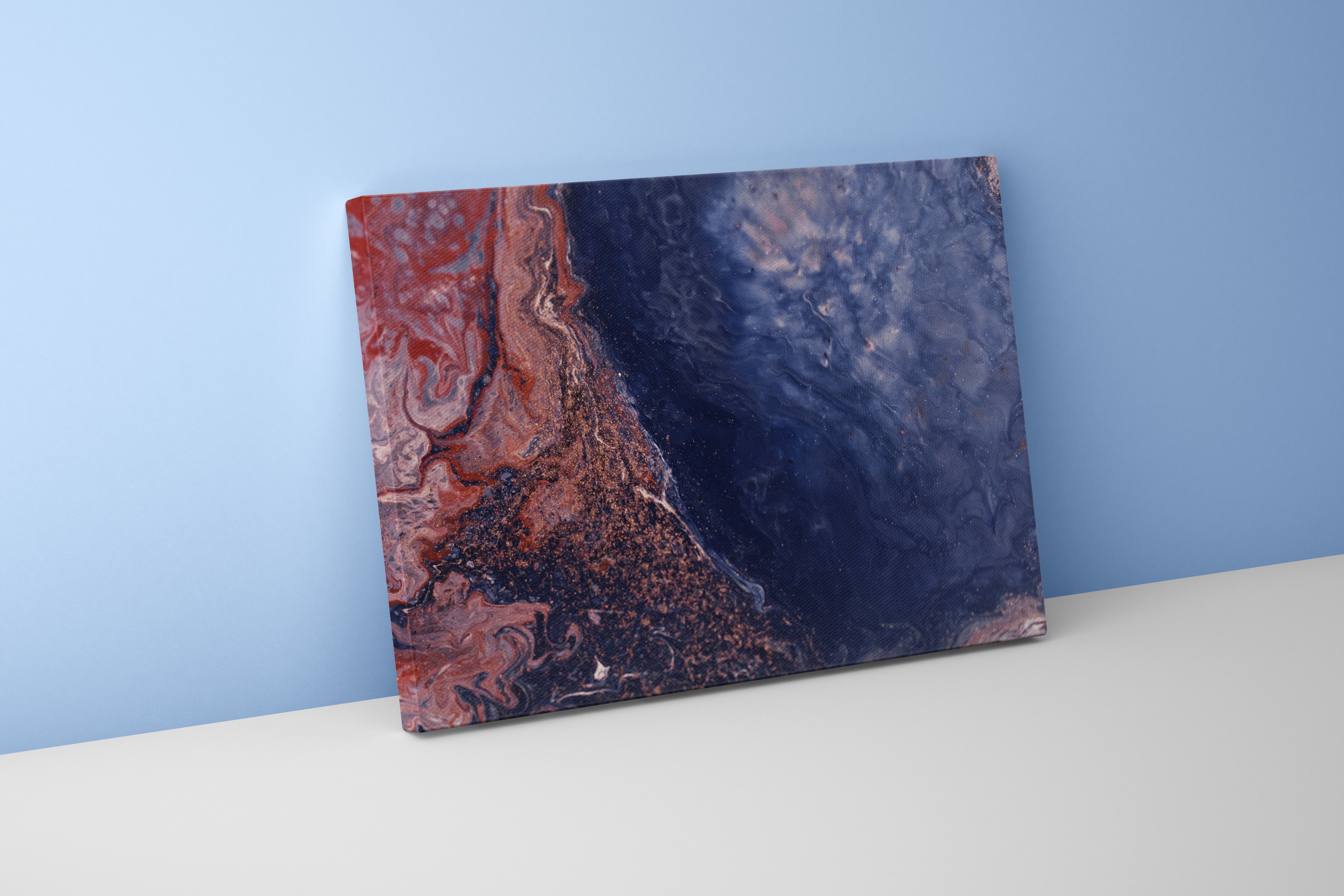 a macro view of fluid art with deep blue and sparkling terracotta red swirls, abstract, art, kanvas tablo