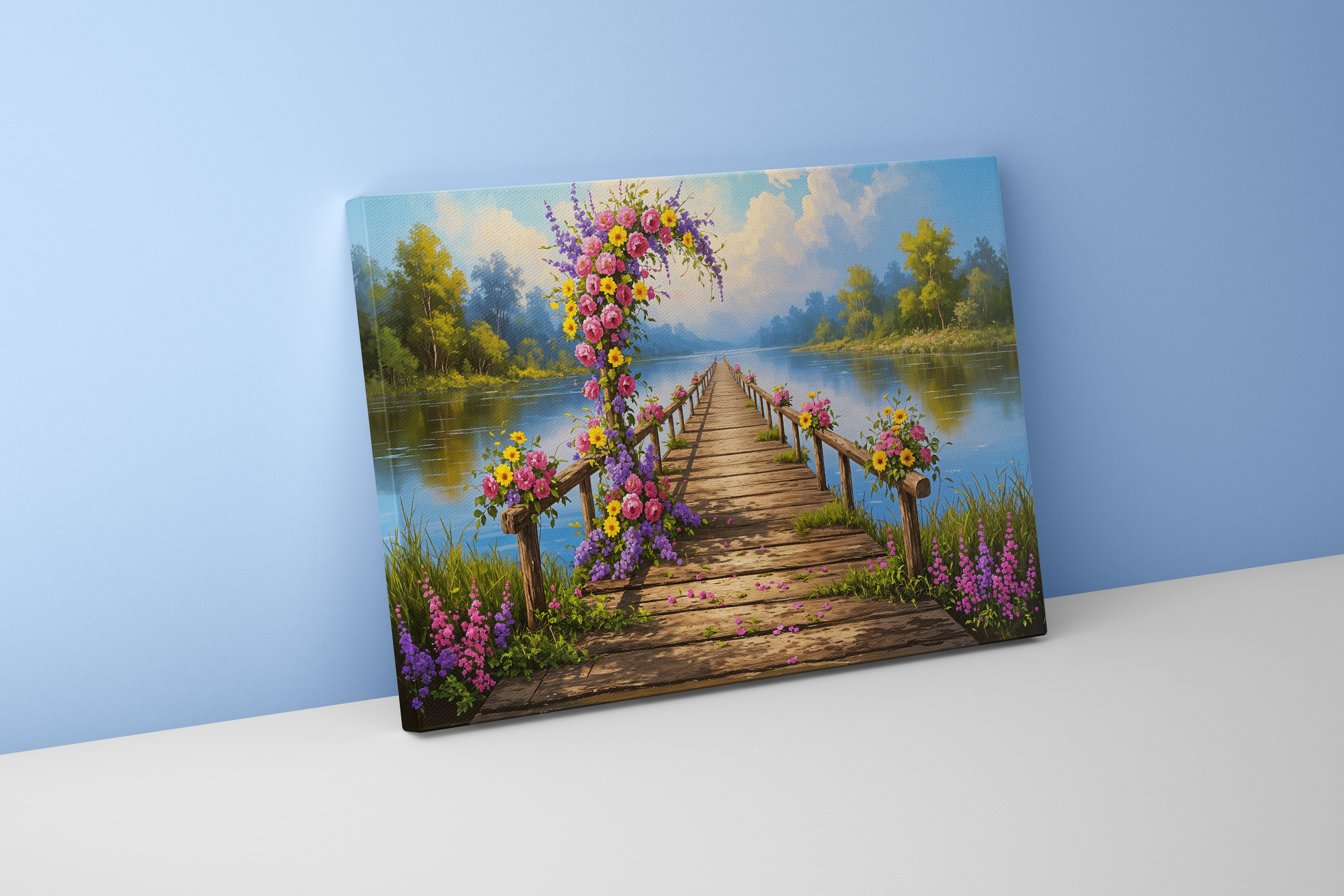 pier and nature view by the river with colorful flowers model 2, view, ai art, art, kanvas tablo
