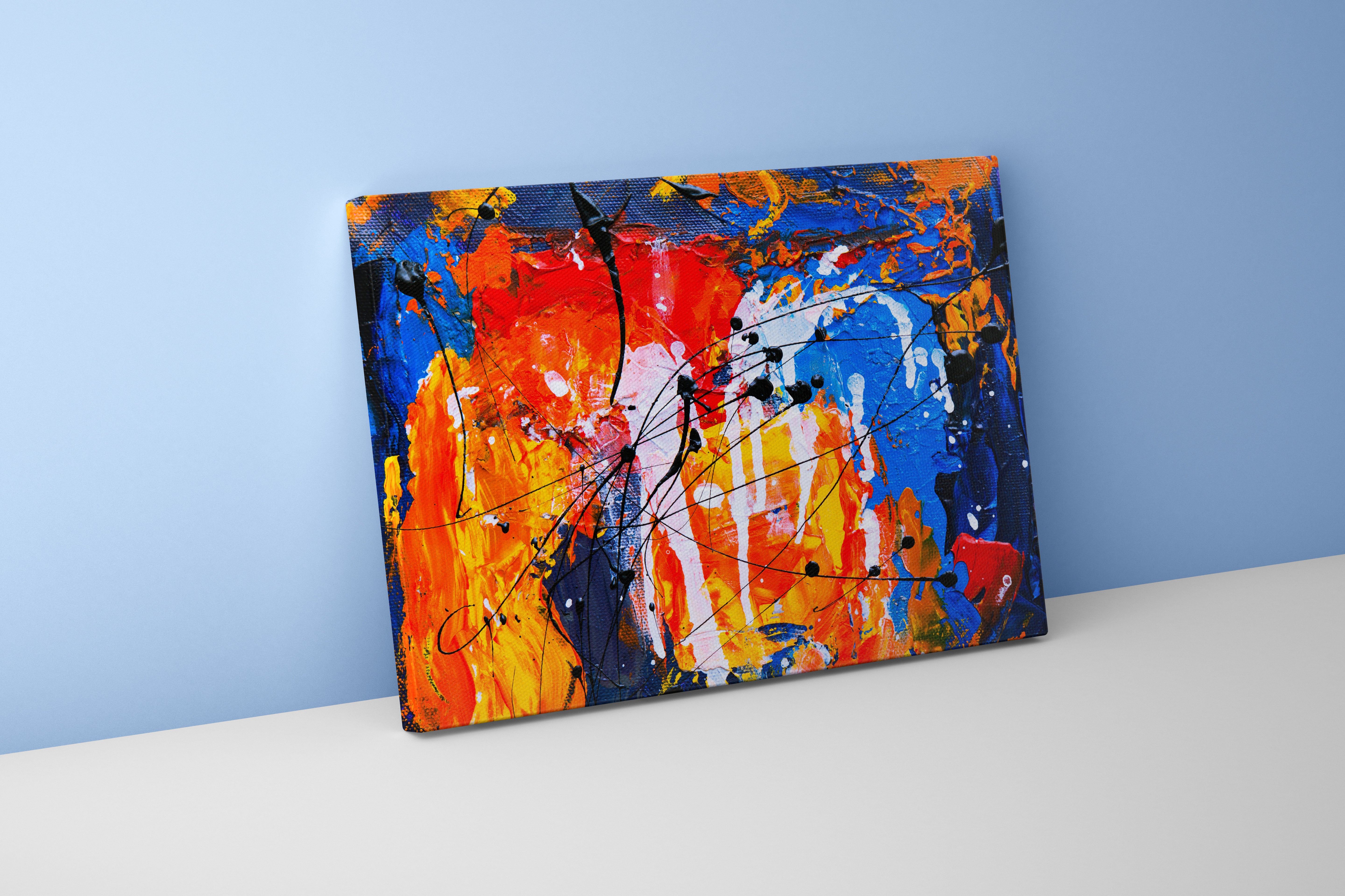 a vibrant abstract expressionist painting with heavy textures and energetic black paint splatters, abstract, art, kanvas tablo