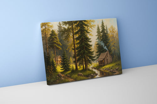 two huts forest view at sunset model 3, view, art, kanvas tablo