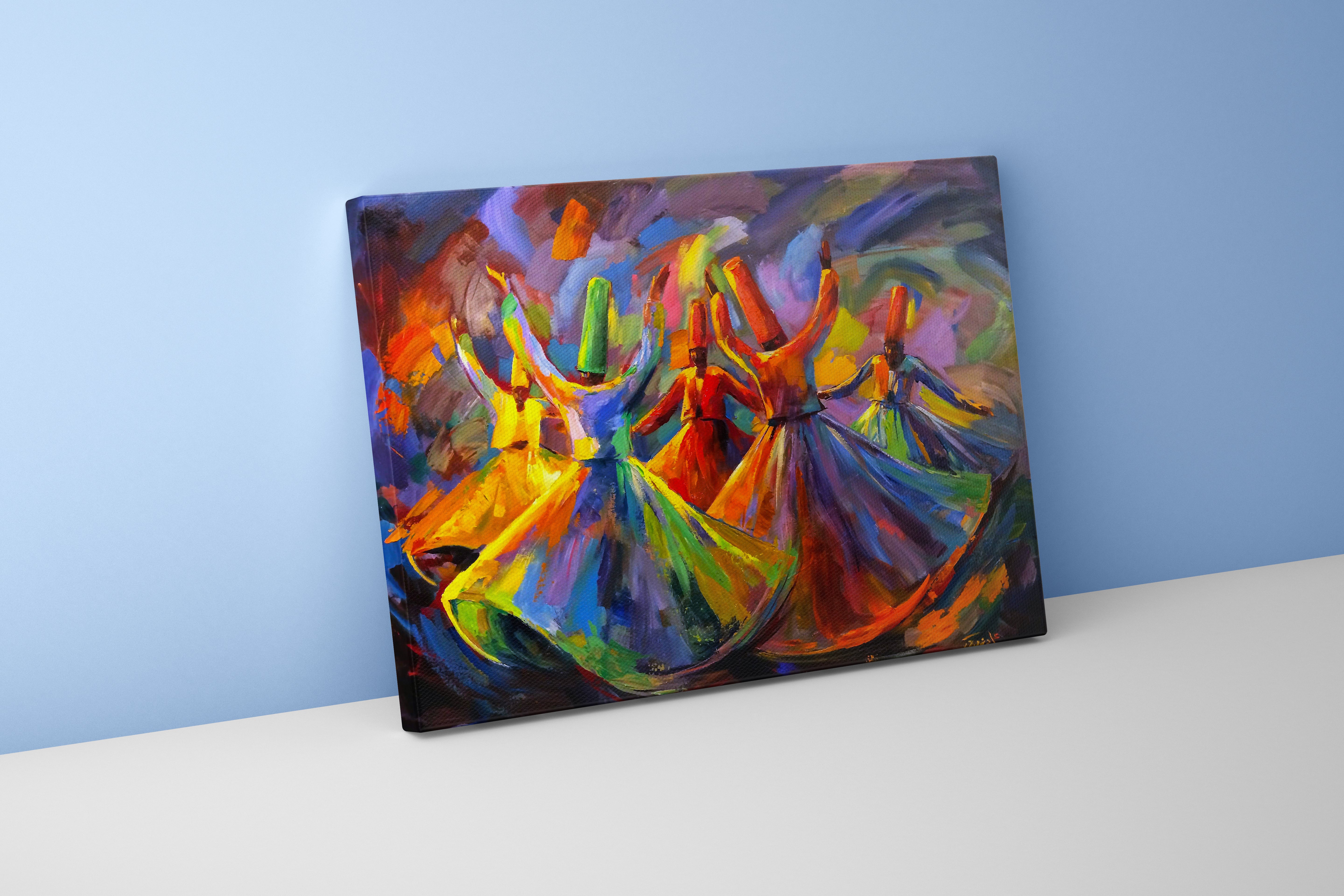 a vibrant, colorful, abstract painting of whirling dervishes spinning, art, kanvas tablo