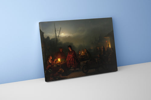 Petrus van Schendel'in Işık Ustası Eseri Ay Işığında Pazar Yeri Romantik Kanvas Tablo