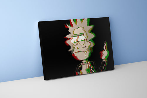 rick sanchez giving the middle finger, with a heavy glitch art effect, anime, art, kanvas tablo