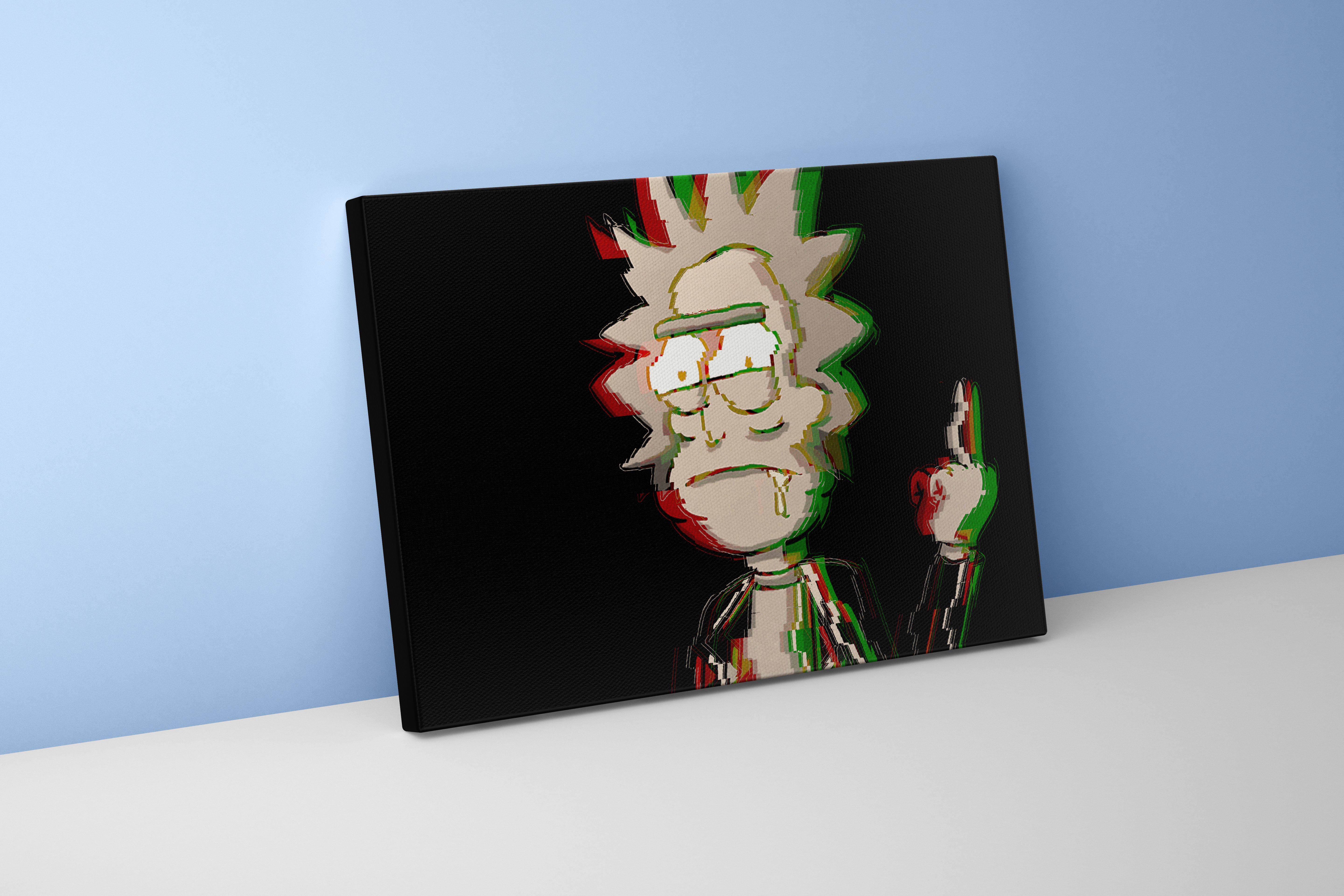 rick sanchez giving the middle finger, with a heavy glitch art effect, anime, art, kanvas tablo