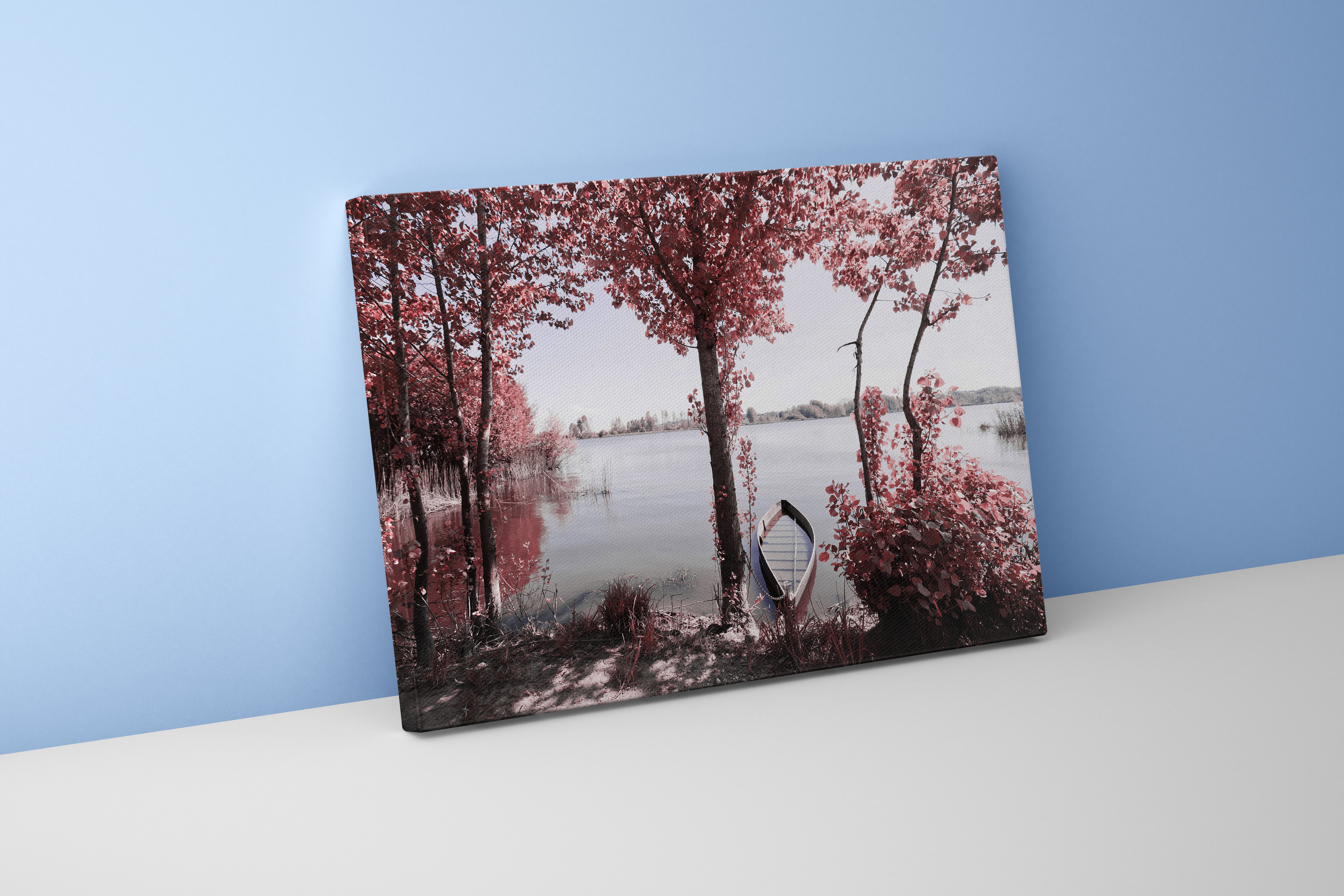 a serene and surreal lake with pink-leafed trees and a small boat, view, art, kanvas tablo