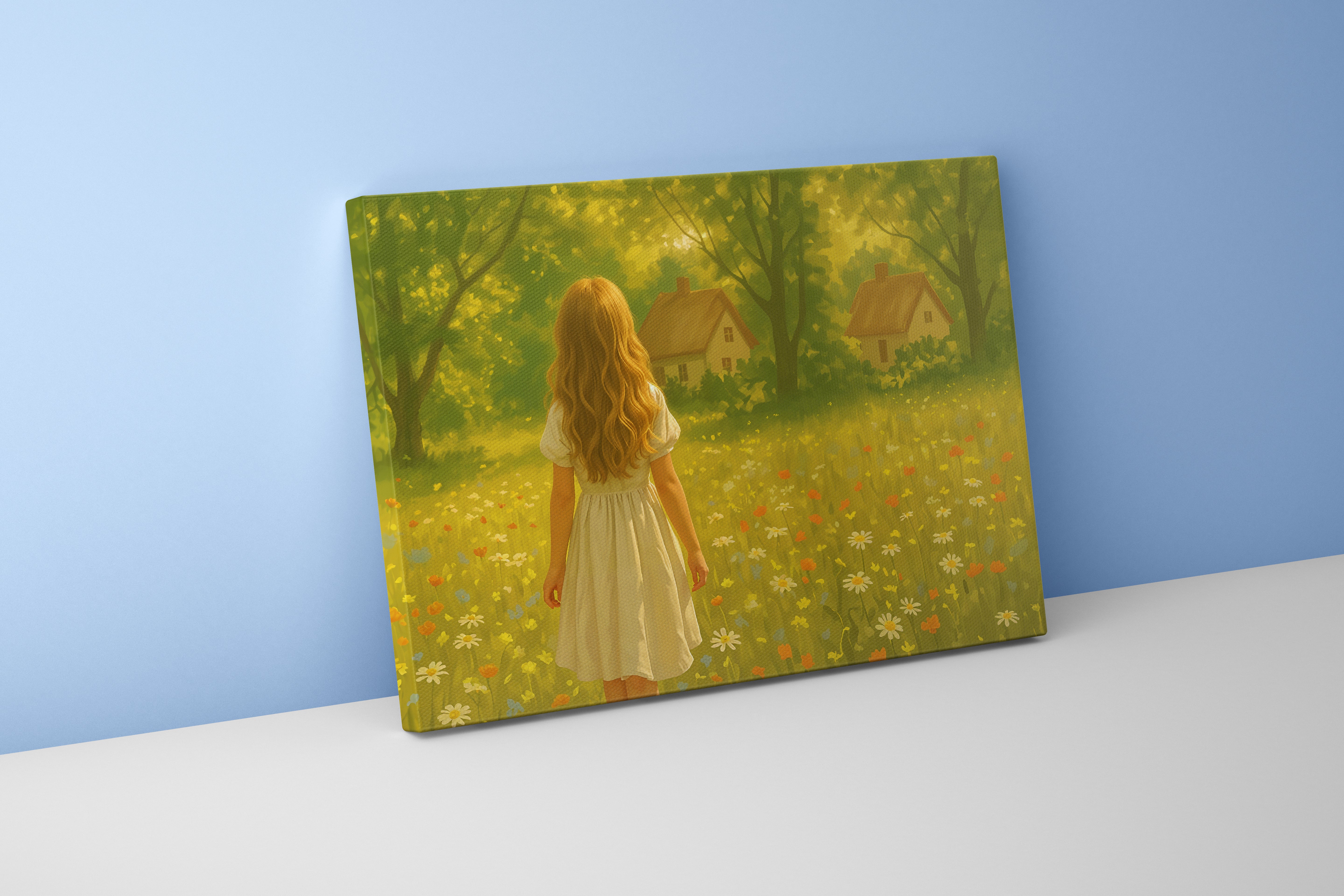 forest and small hut with flower view with little girl, view, art, kanvas tablo