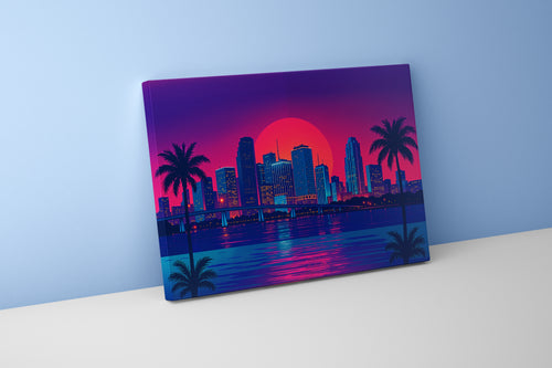 ai creation, sunset in a retrowave and cyberpunk looking city, ai art, art, kanvas tablo