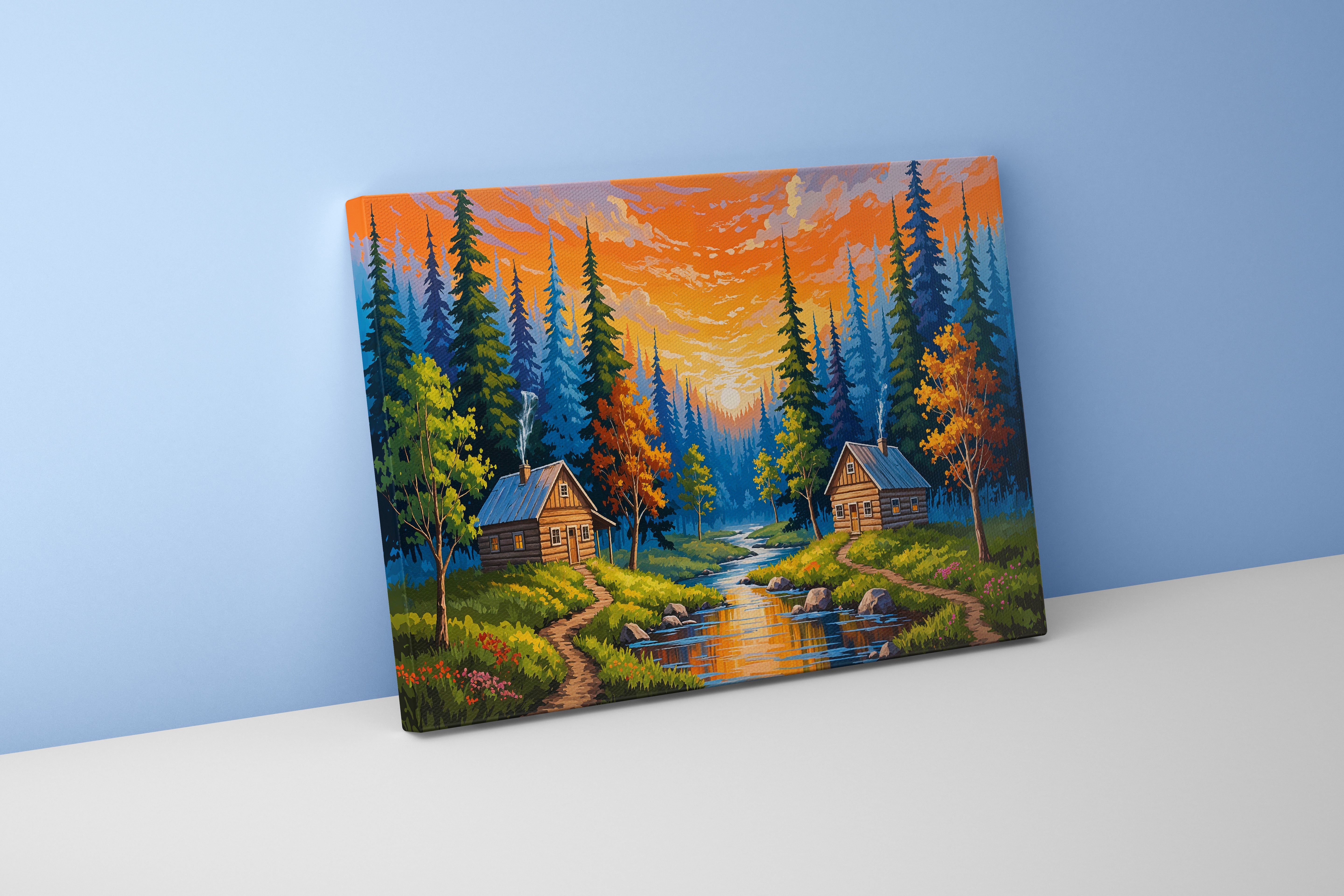 two huts forest view at sunset model 1, view, art, kanvas tablo
