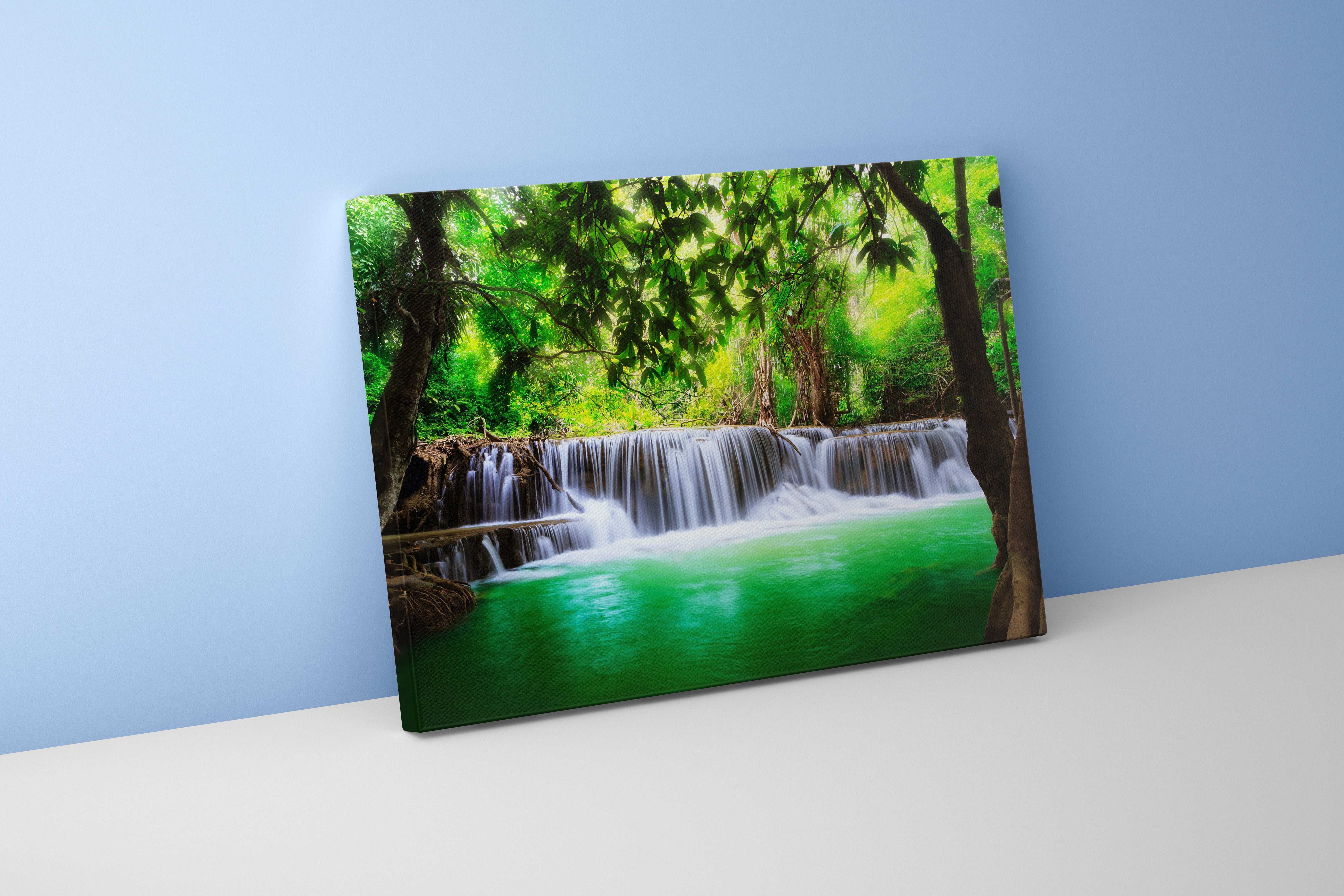 a silky, cascading waterfall in a lush jungle with an emerald green pool, view, art, kanvas tablo