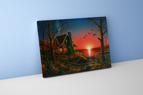 a cozy log cabin by a lake with geese flying across a red sunset, view, art, kanvas tablo