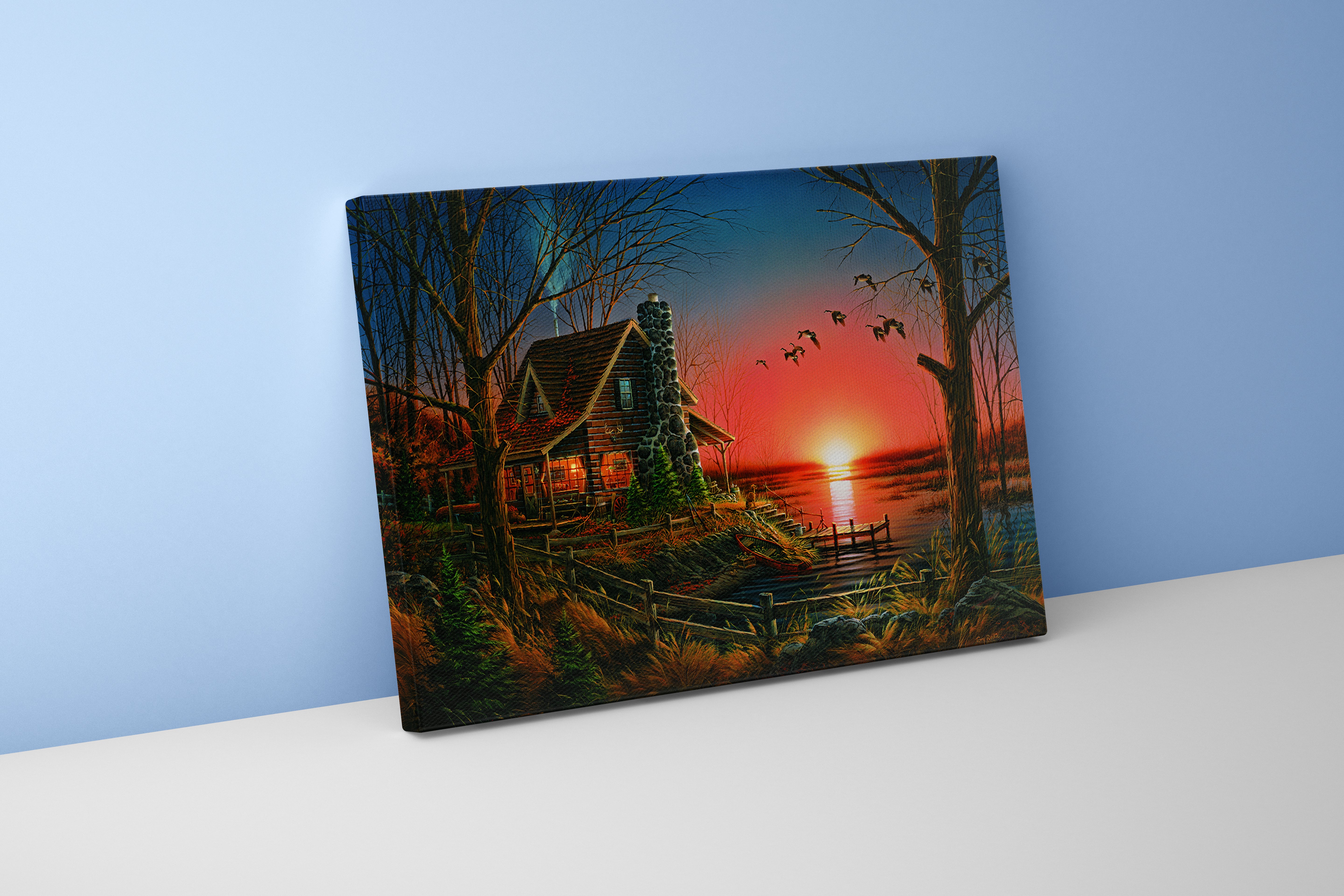 a cozy log cabin by a lake with geese flying across a red sunset, view, art, kanvas tablo
