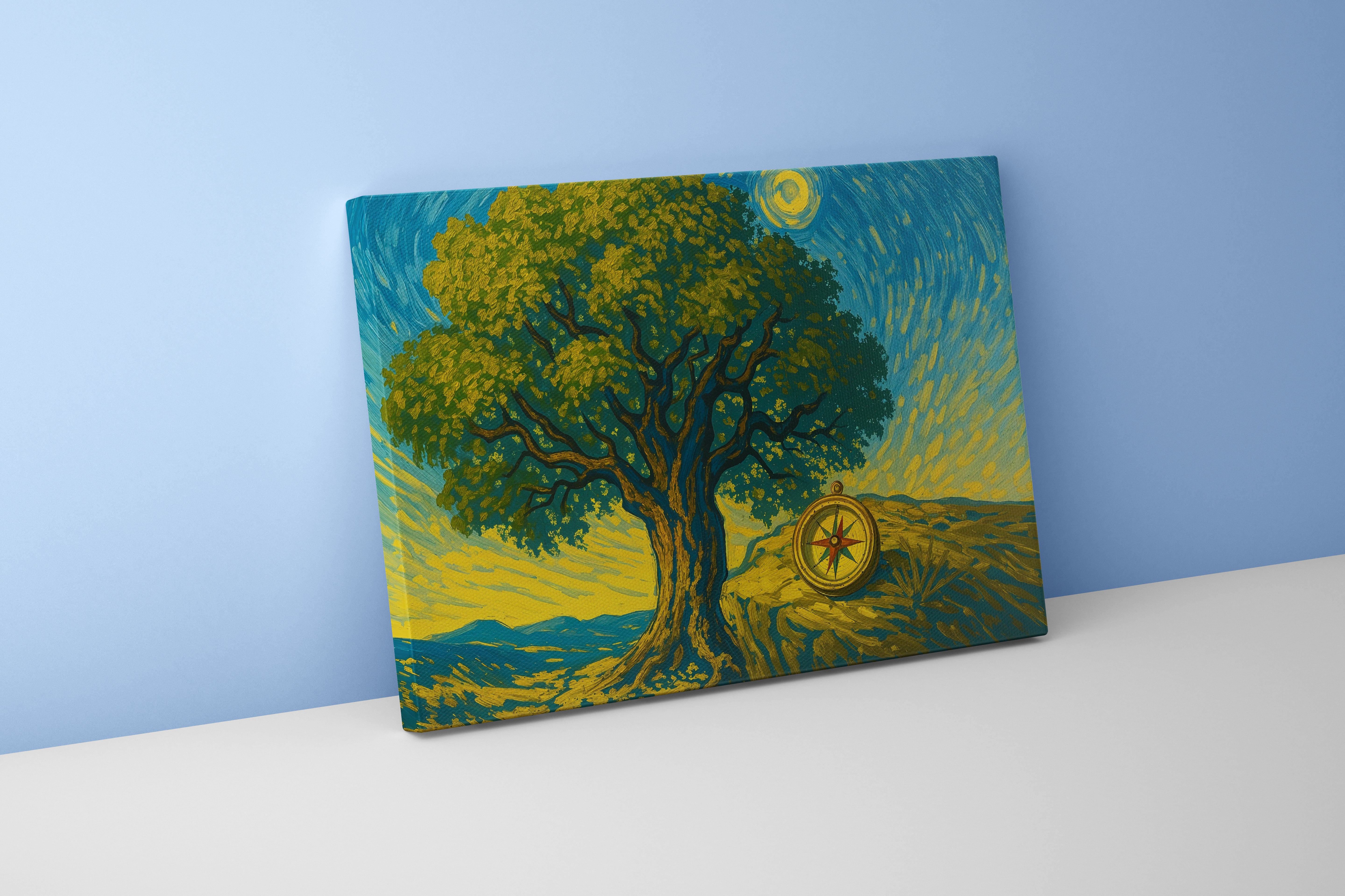 Van Gogh style tree and compass, view, art, kanvas tablo