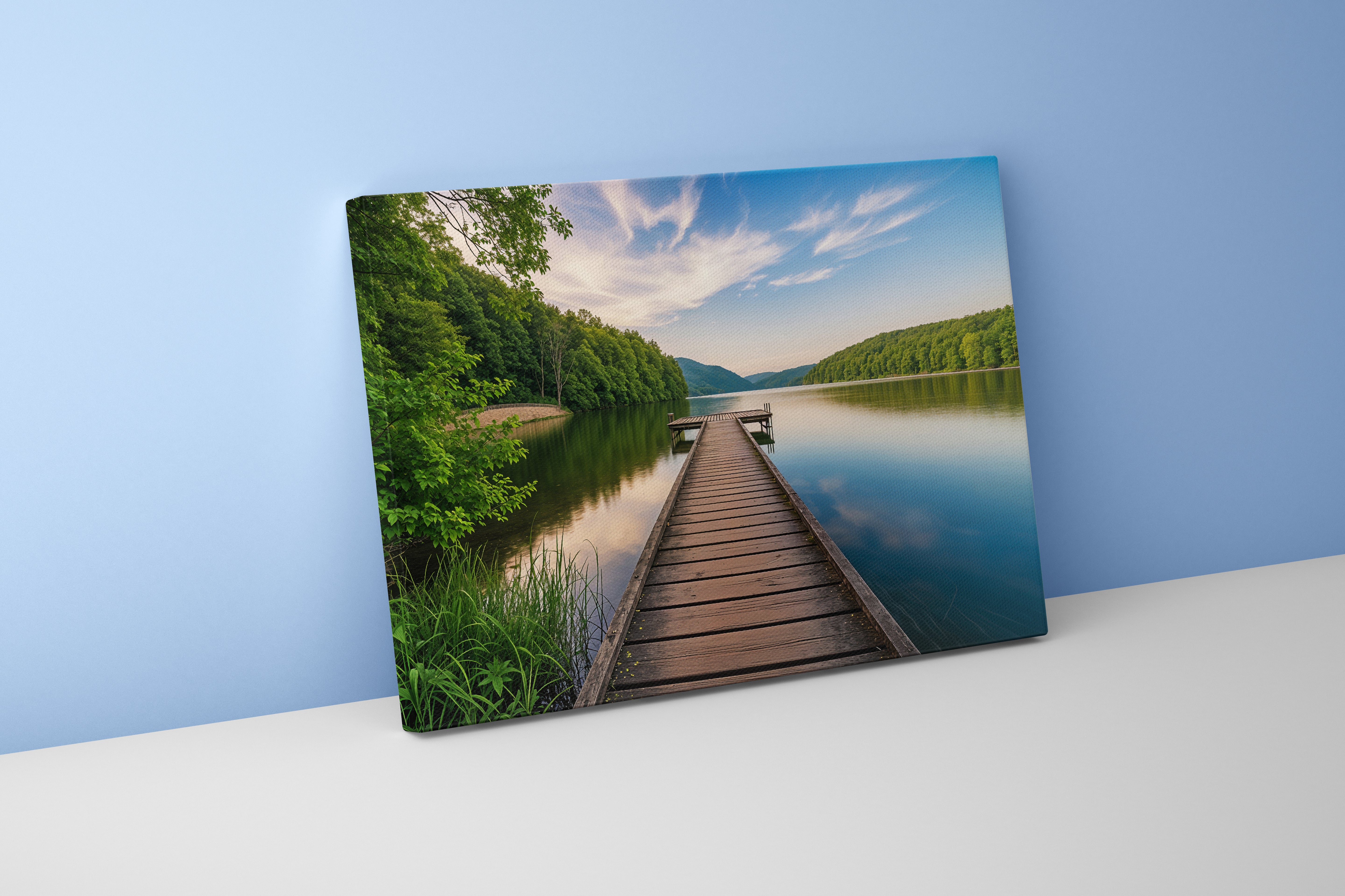 pier and nature view by the river model 1, view, ai art, art, kanvas tablo
