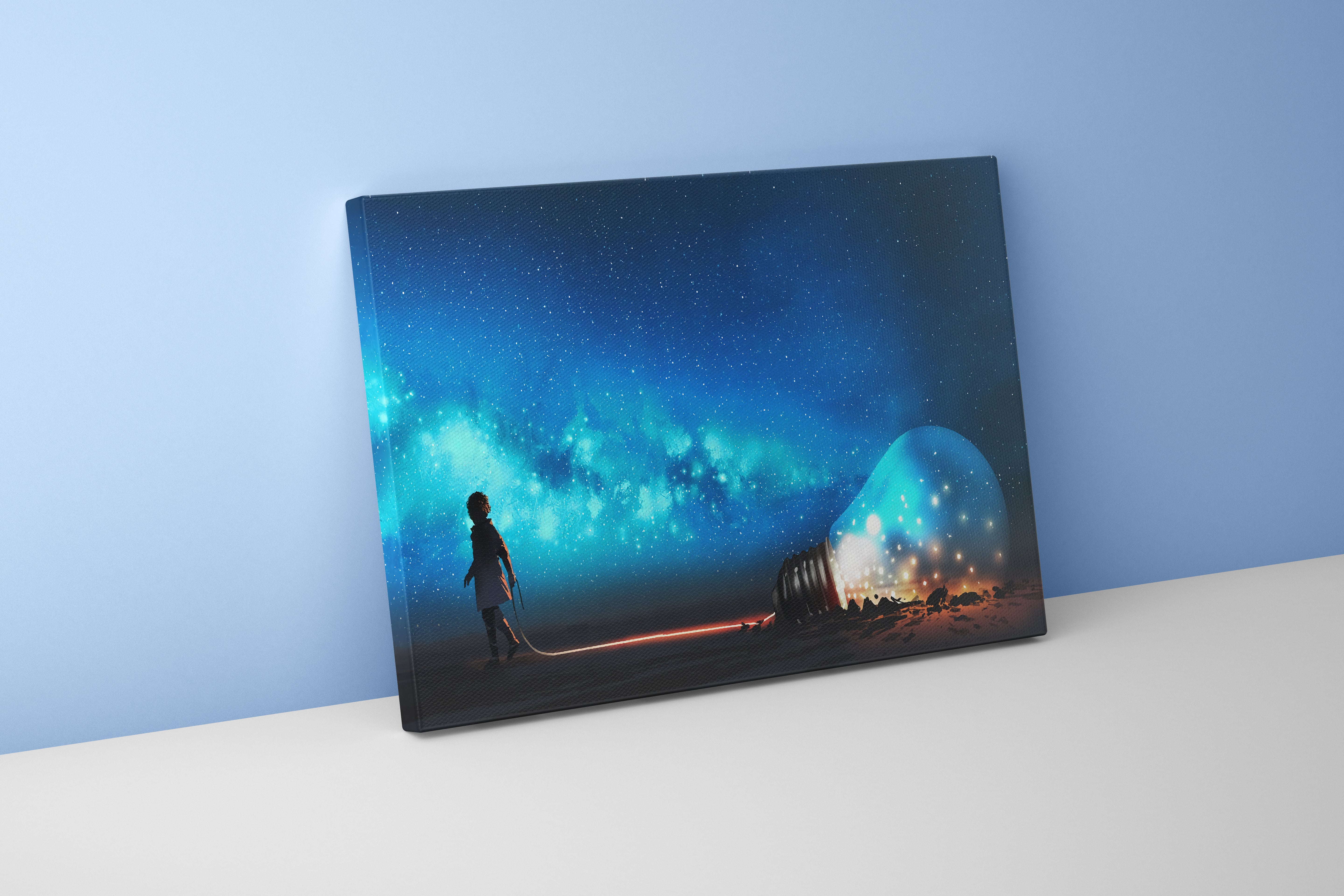a child pulling a giant lightbulb full of stars across a starry landscape, ai art, art, kanvas tablo