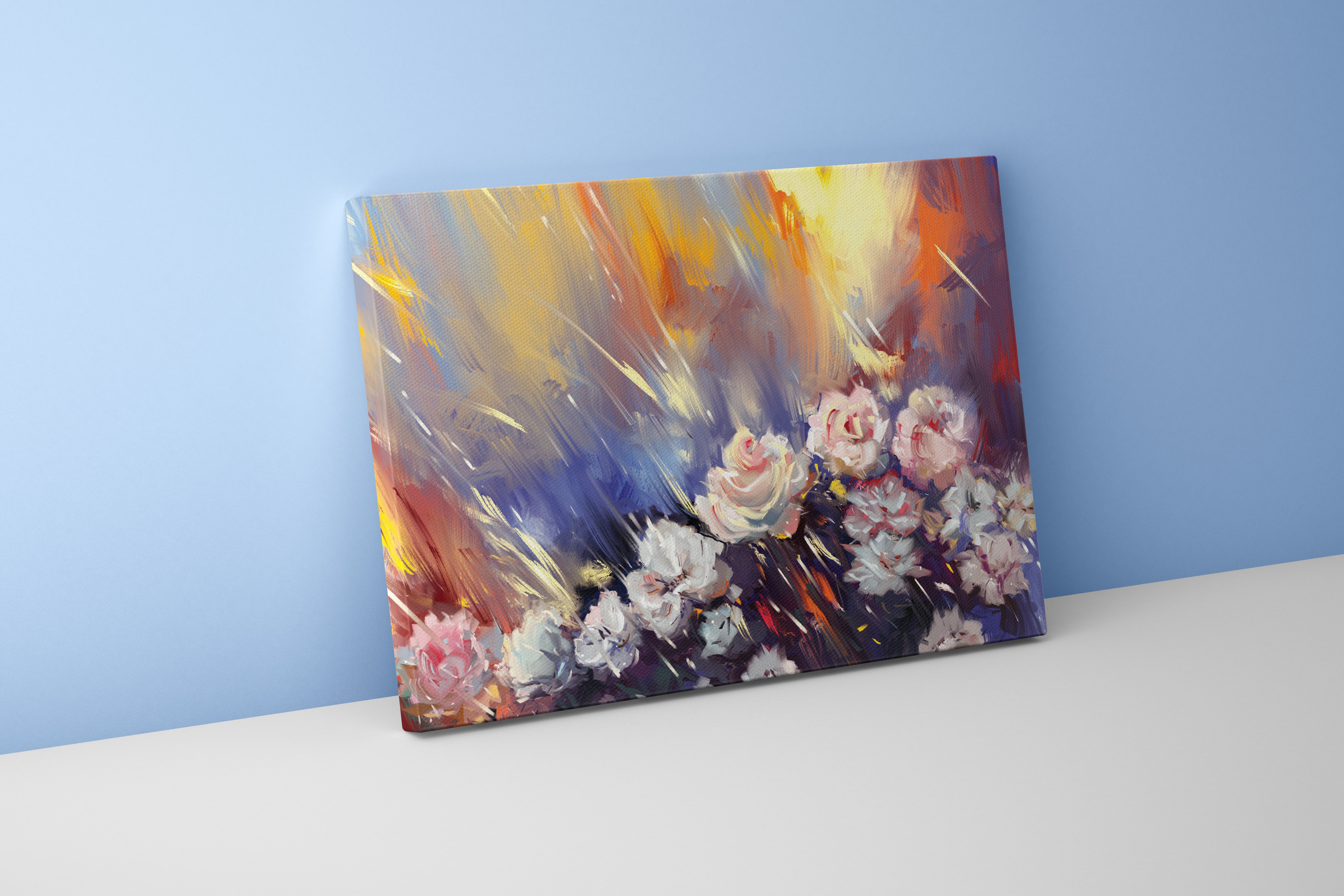 a dramatic, expressive painting of white roses with streaks of colorful light, art, kanvas tablo