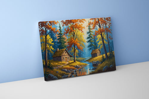 two huts forest view at sunset model 2, view, art, kanvas tablo
