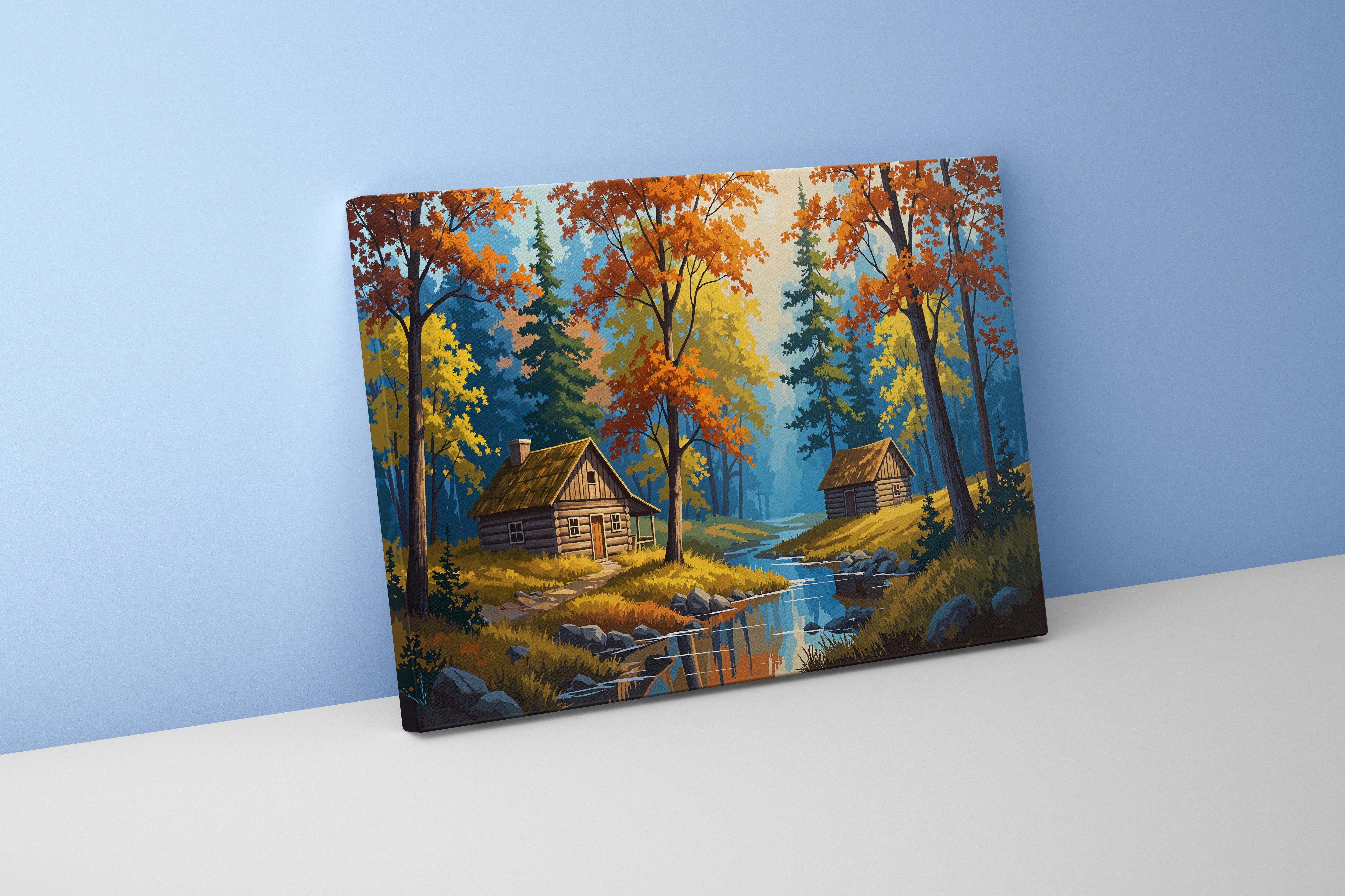 two huts forest view at sunset model 2, view, art, kanvas tablo
