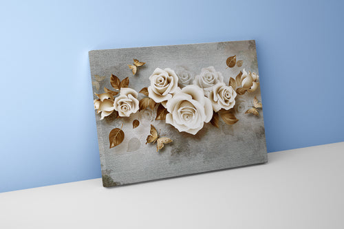 a modern wallpaper design of 3d roses and metallic brown butterflies, flower motif, art, kanvas tablo