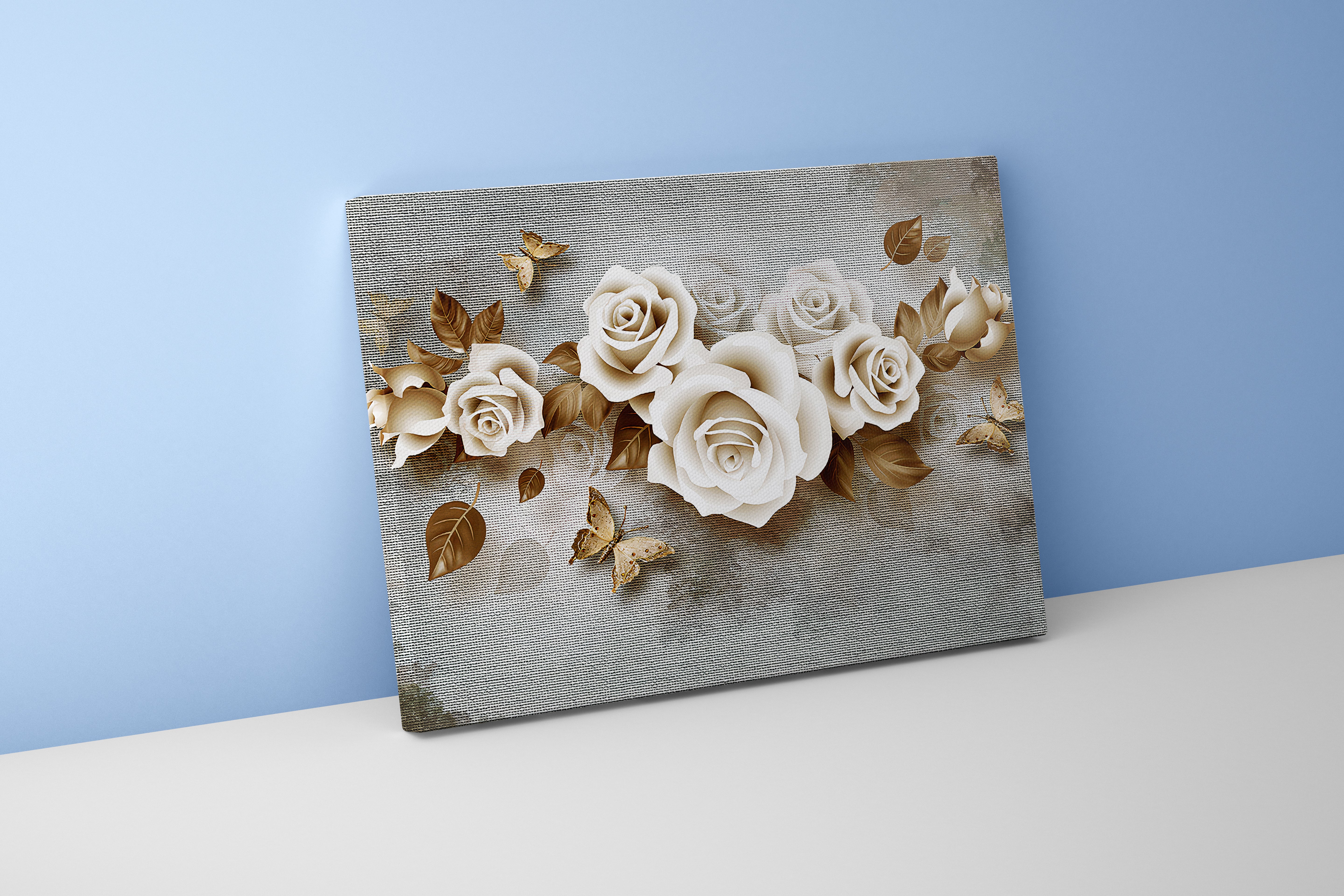 a modern wallpaper design of 3d roses and metallic brown butterflies, flower motif, art, kanvas tablo