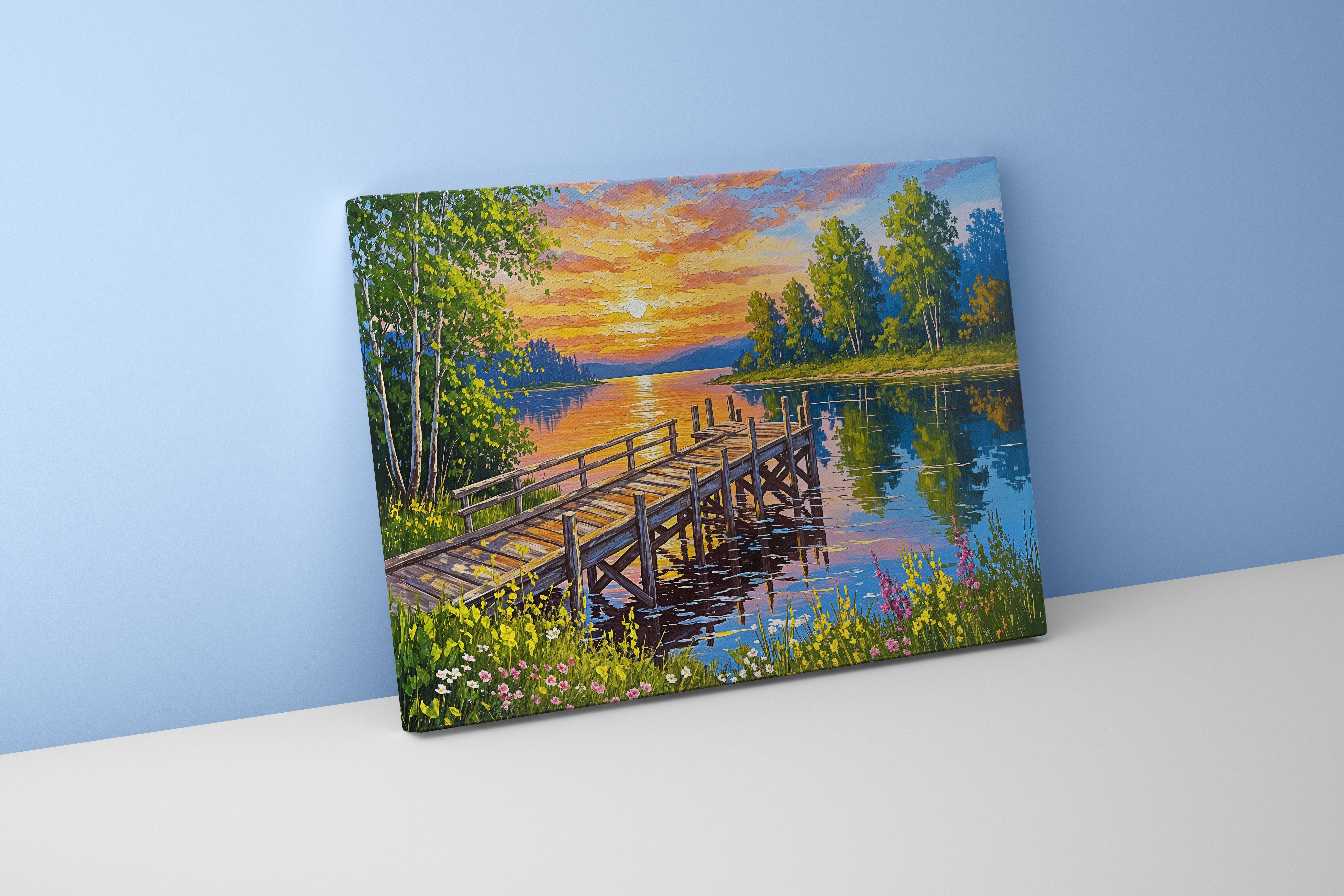 pier and nature view by the river with colorful flowers model 4, view, ai art, art, kanvas tablo