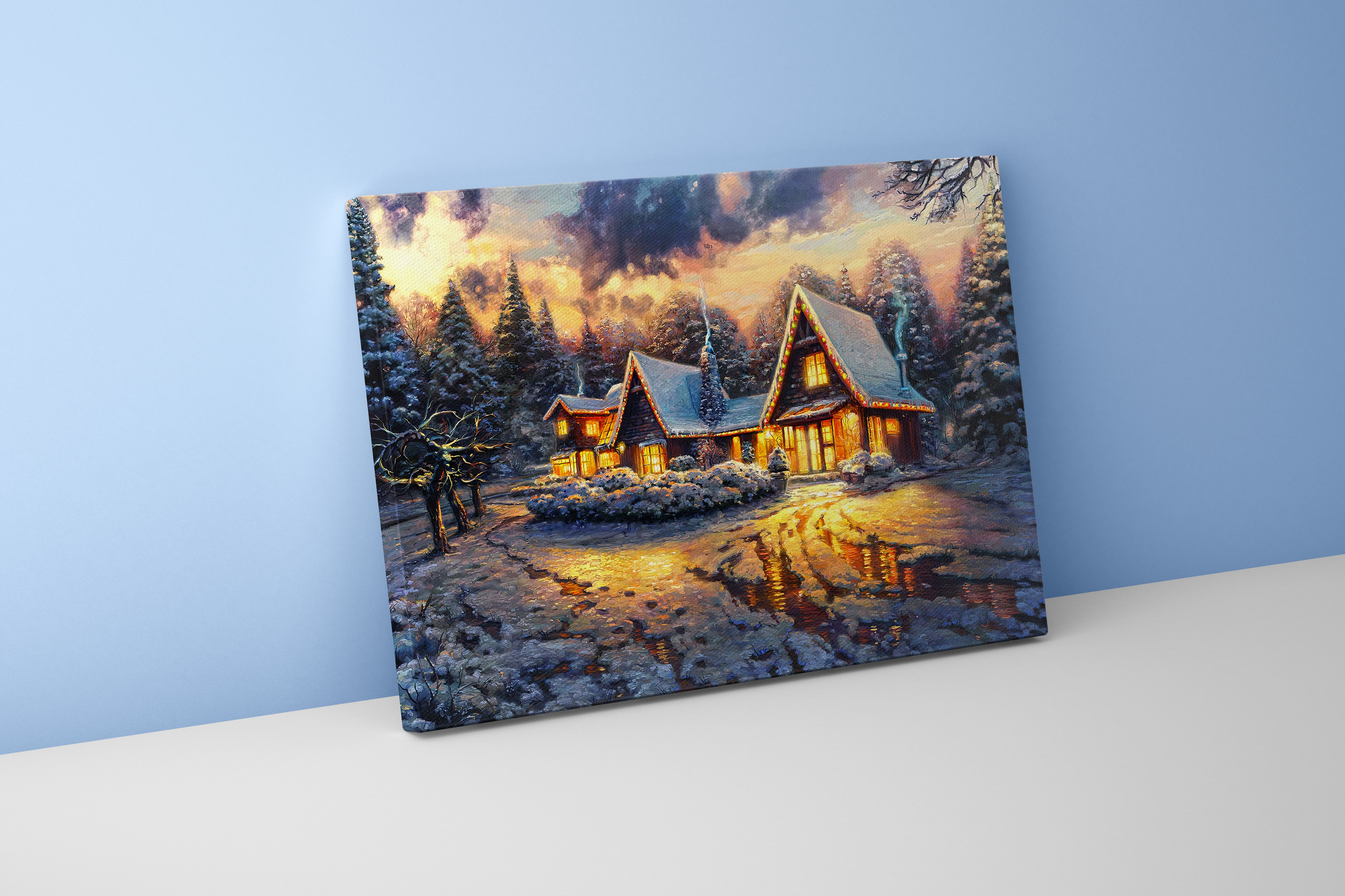 a cozy christmas cabin in a snowy forest, its warm light reflecting on ice, view, art, kanvas tablo