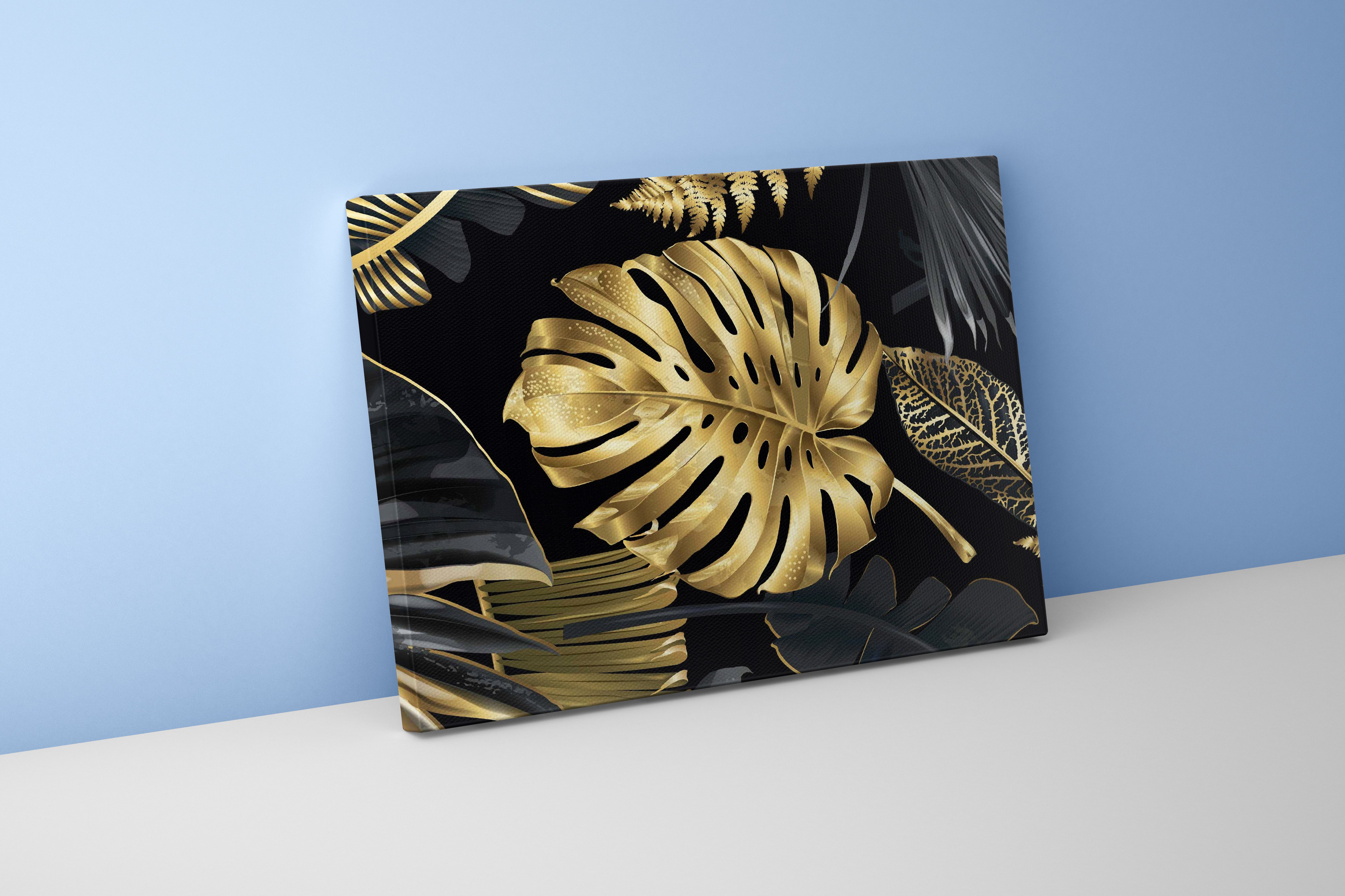 a luxurious pattern of metallic gold and black tropical leaves on a black background, flower motif, art, kanvas tablo