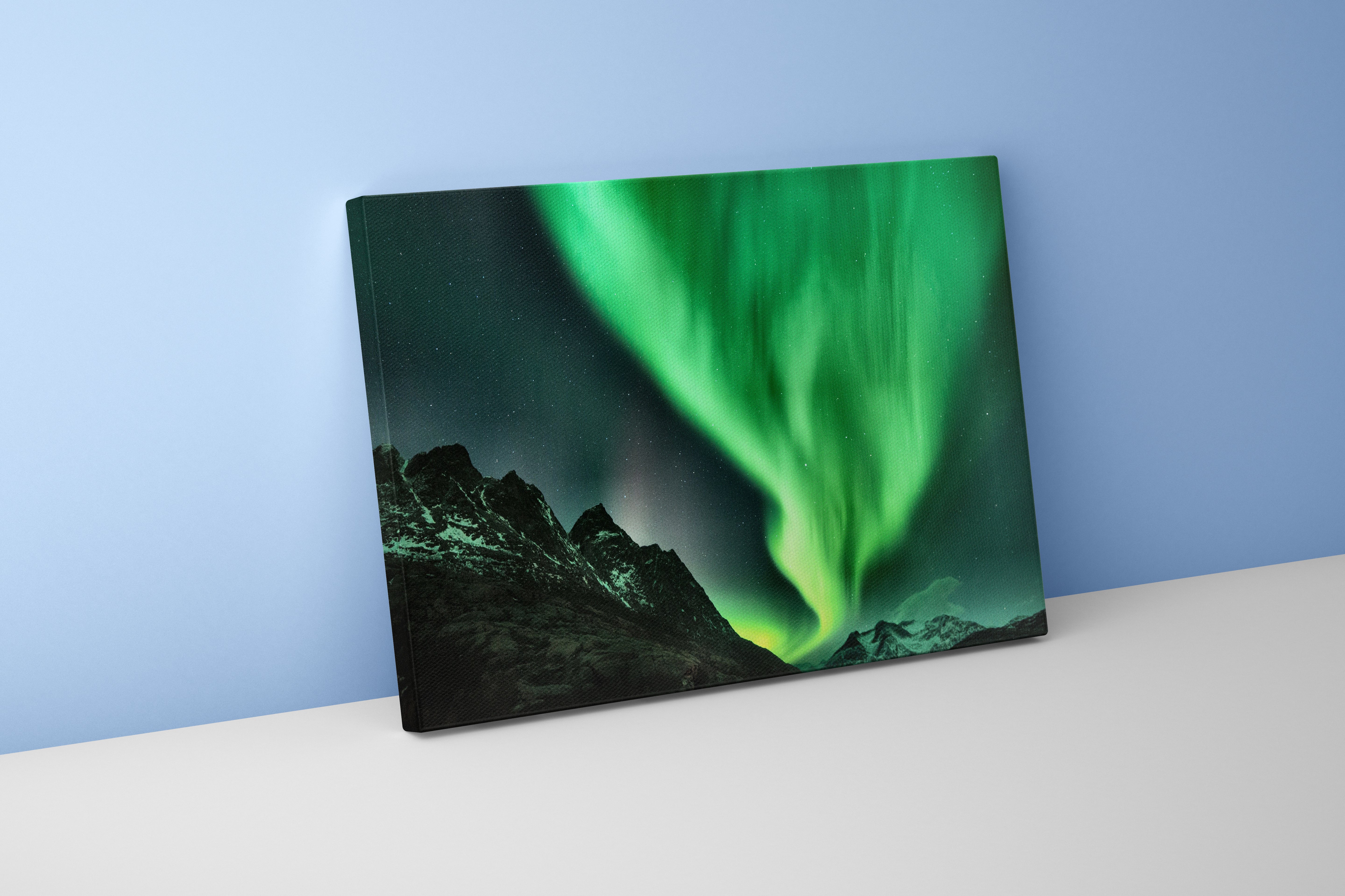a vibrant green aurora dancing over jagged, snow-dusted mountain peaks, view, art, kanvas tablo