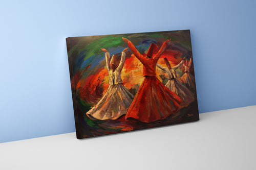 an expressive palette knife painting of whirling dervishes in a colorful swirl, art, kanvas tablo