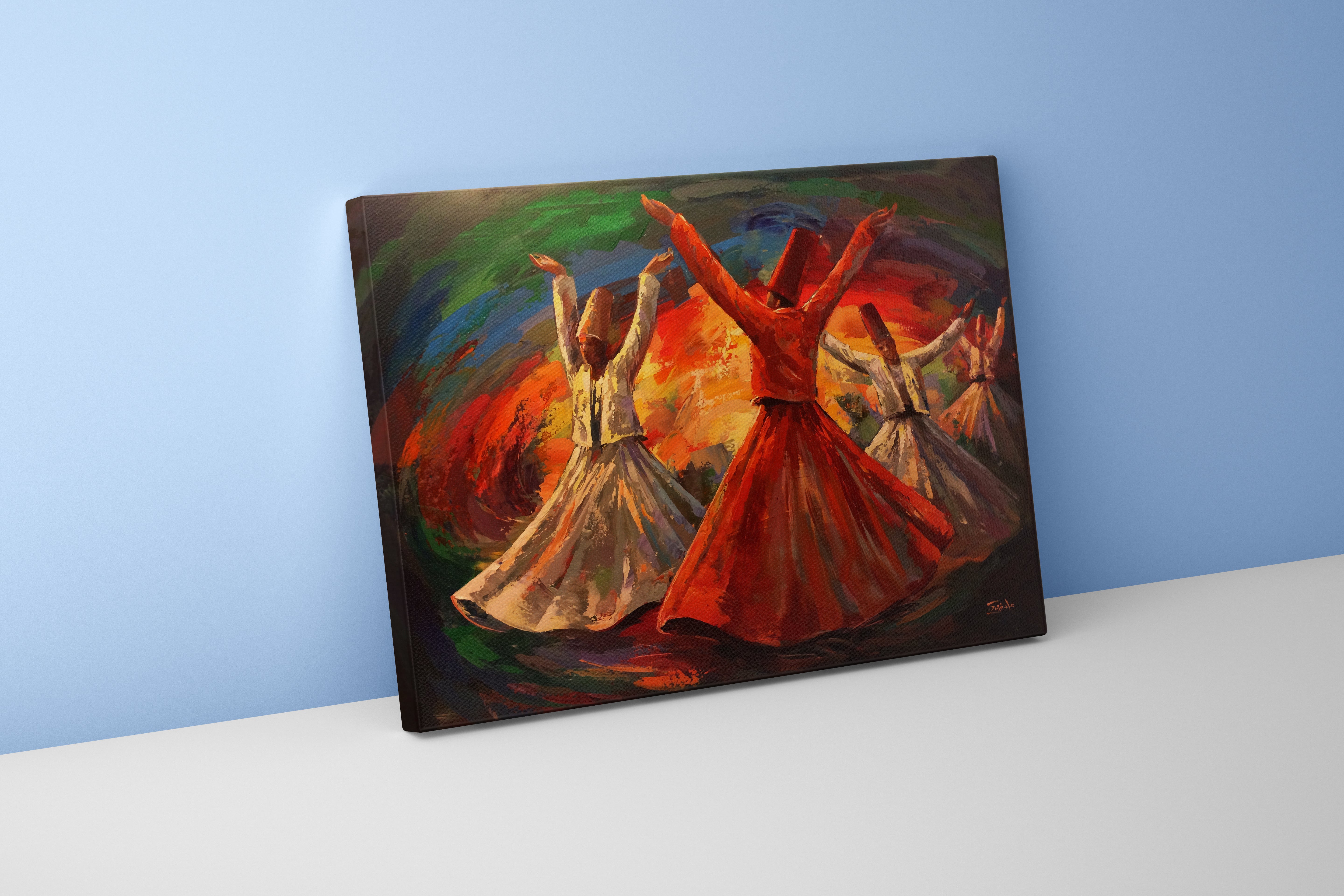 an expressive palette knife painting of whirling dervishes in a colorful swirl, art, kanvas tablo