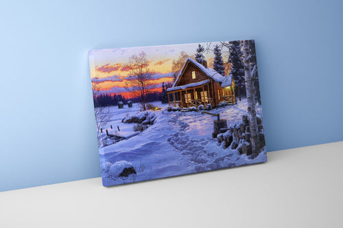 footprints in the snow lead to a cozy cabin glowing at sunset, view, art, kanvas tablo