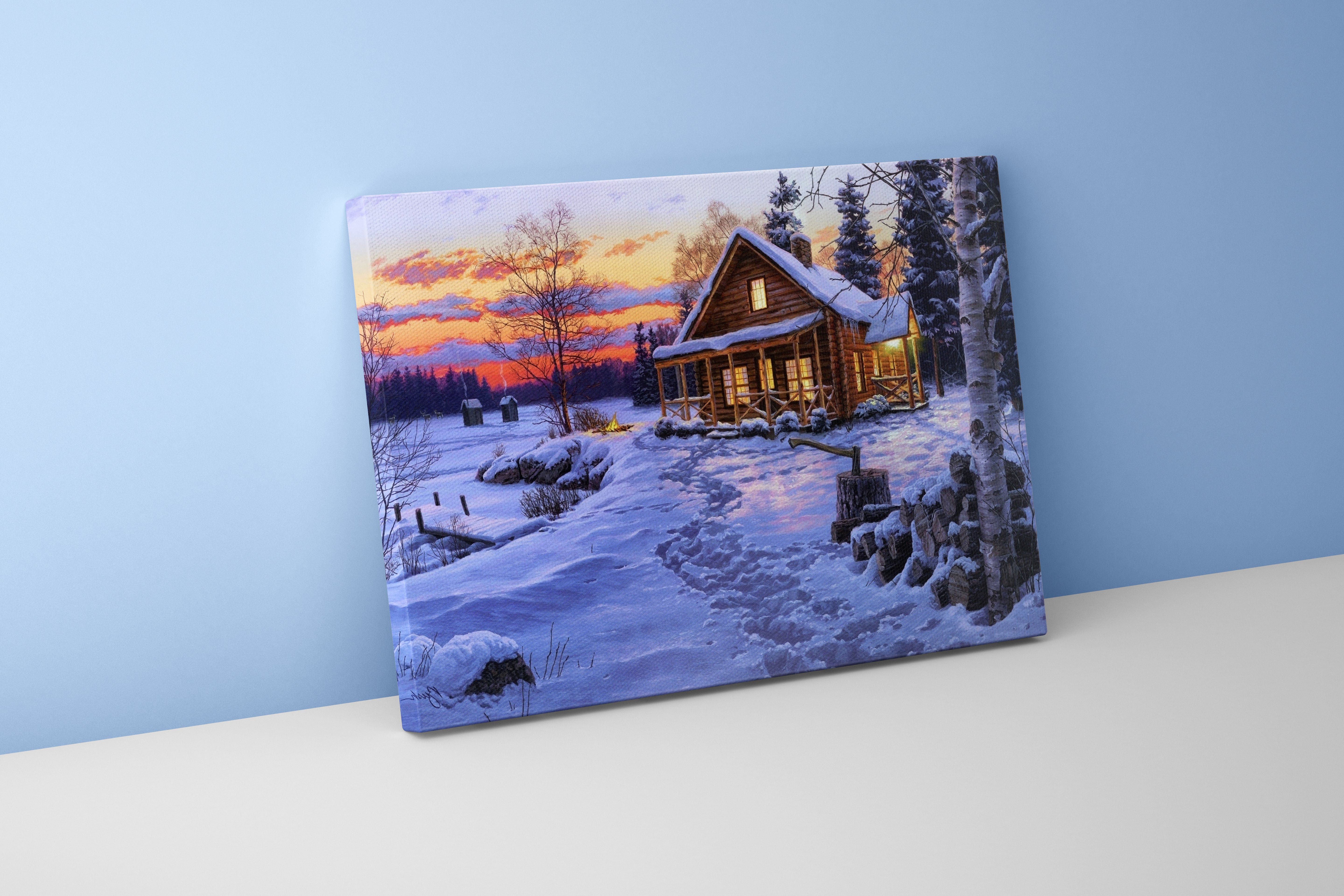 footprints in the snow lead to a cozy cabin glowing at sunset, view, art, kanvas tablo