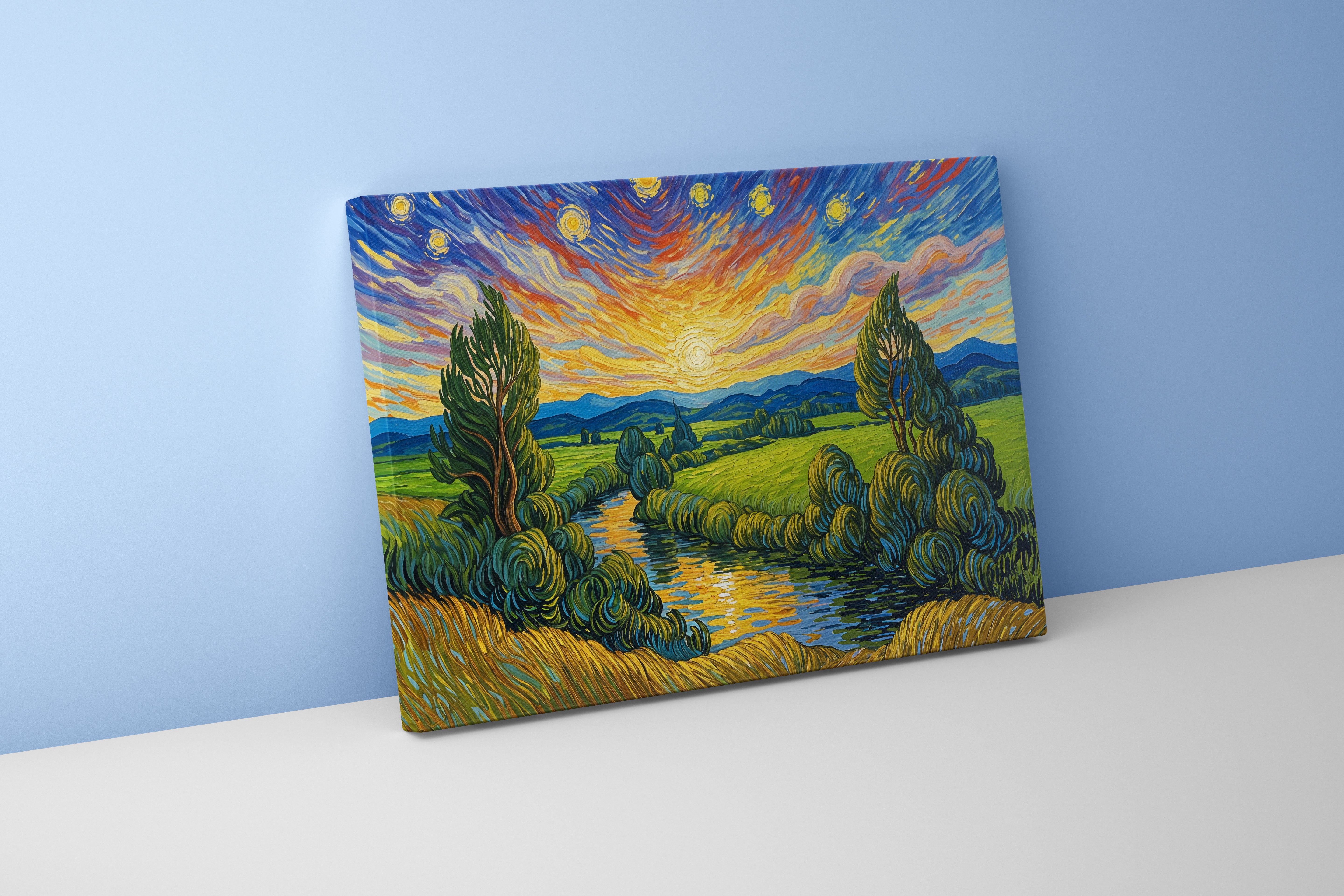 Van Gogh Cypresses and Starry Night themed river view, view, art, kanvas tablo