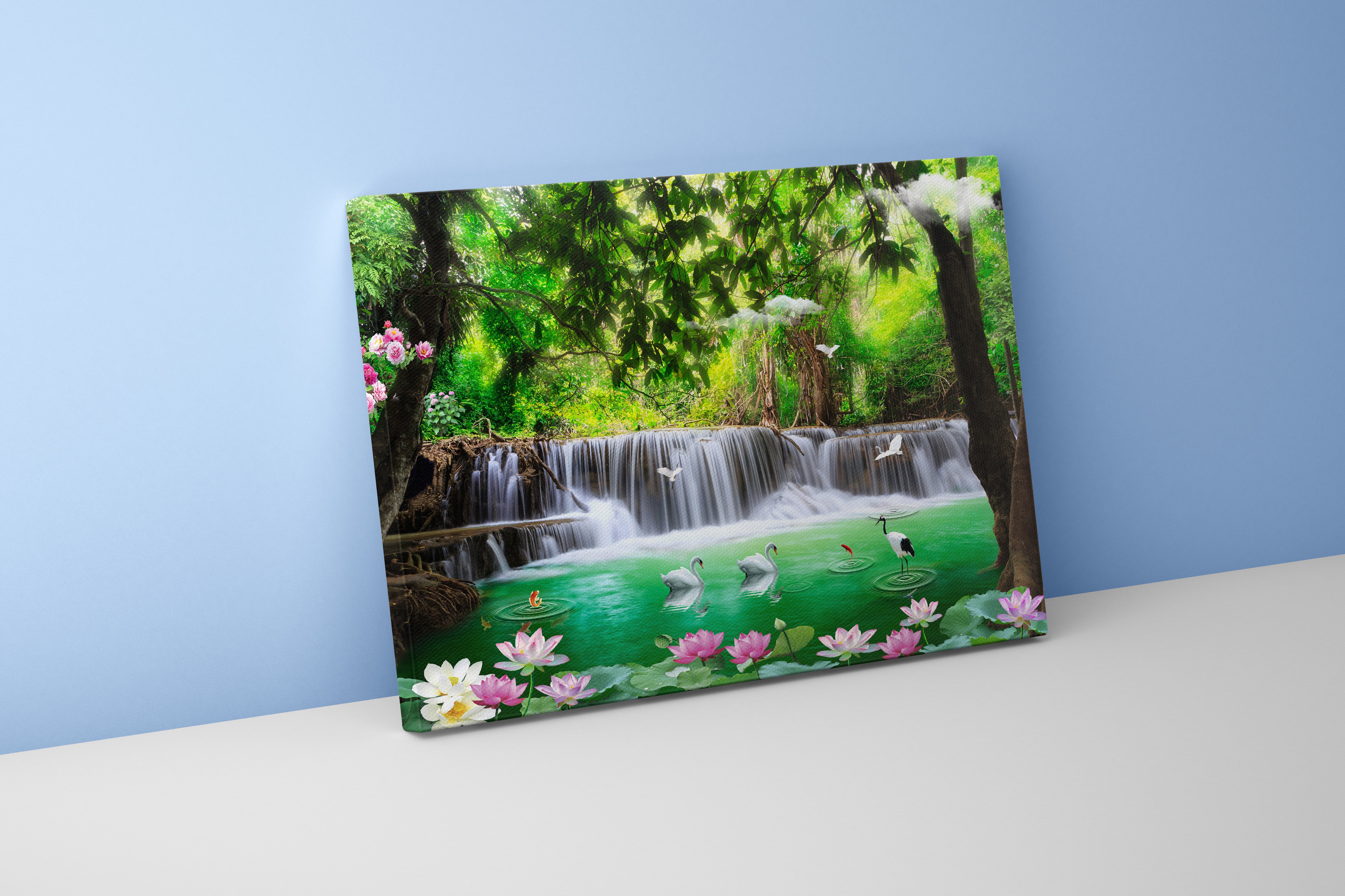 a fantasy jungle waterfall with swans, a crane, and pink lotus flowers, view, art, kanvas tablo