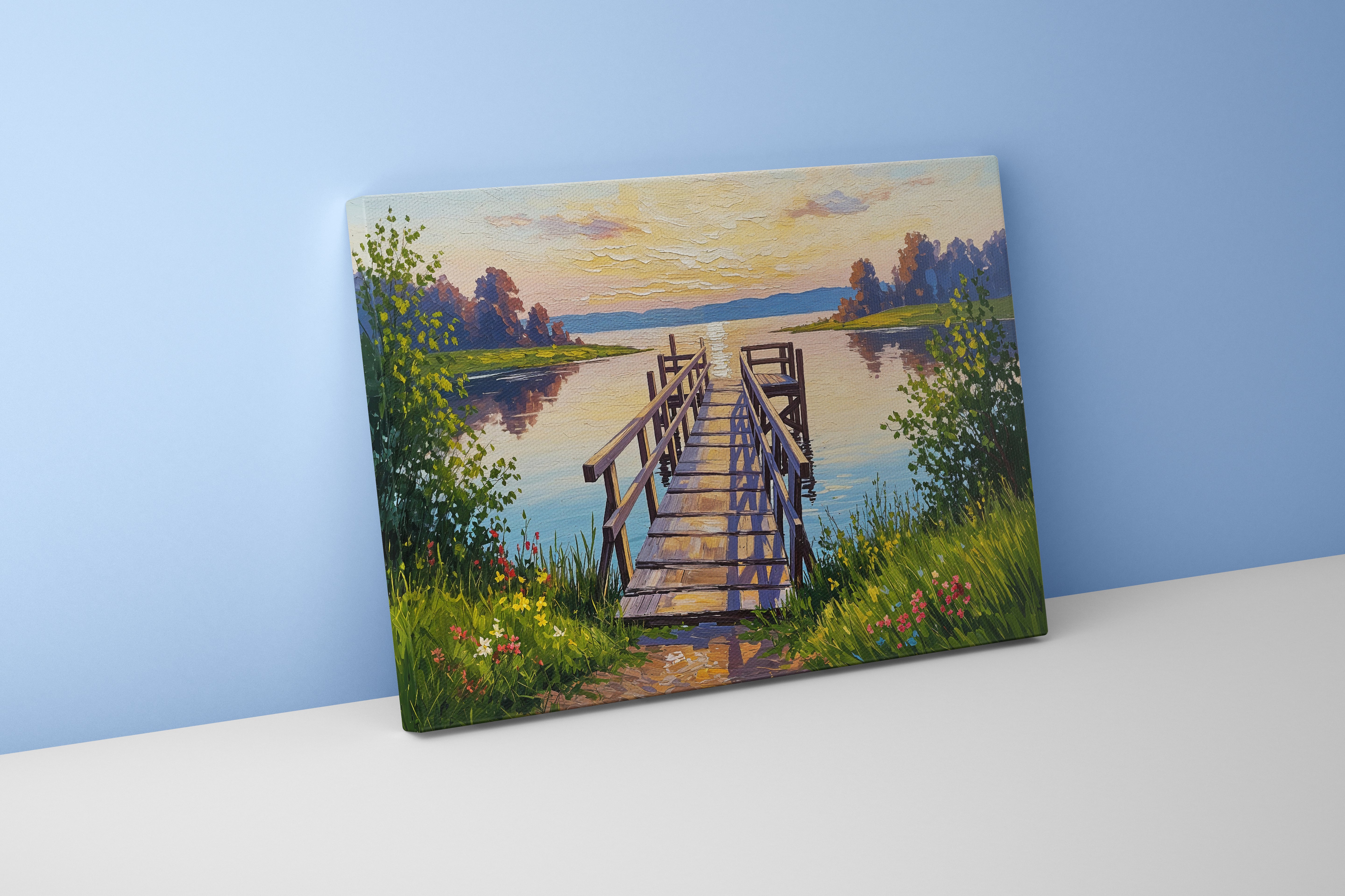 pier and nature view by the river with colorful flowers model 1, view, ai art, art, kanvas tablo