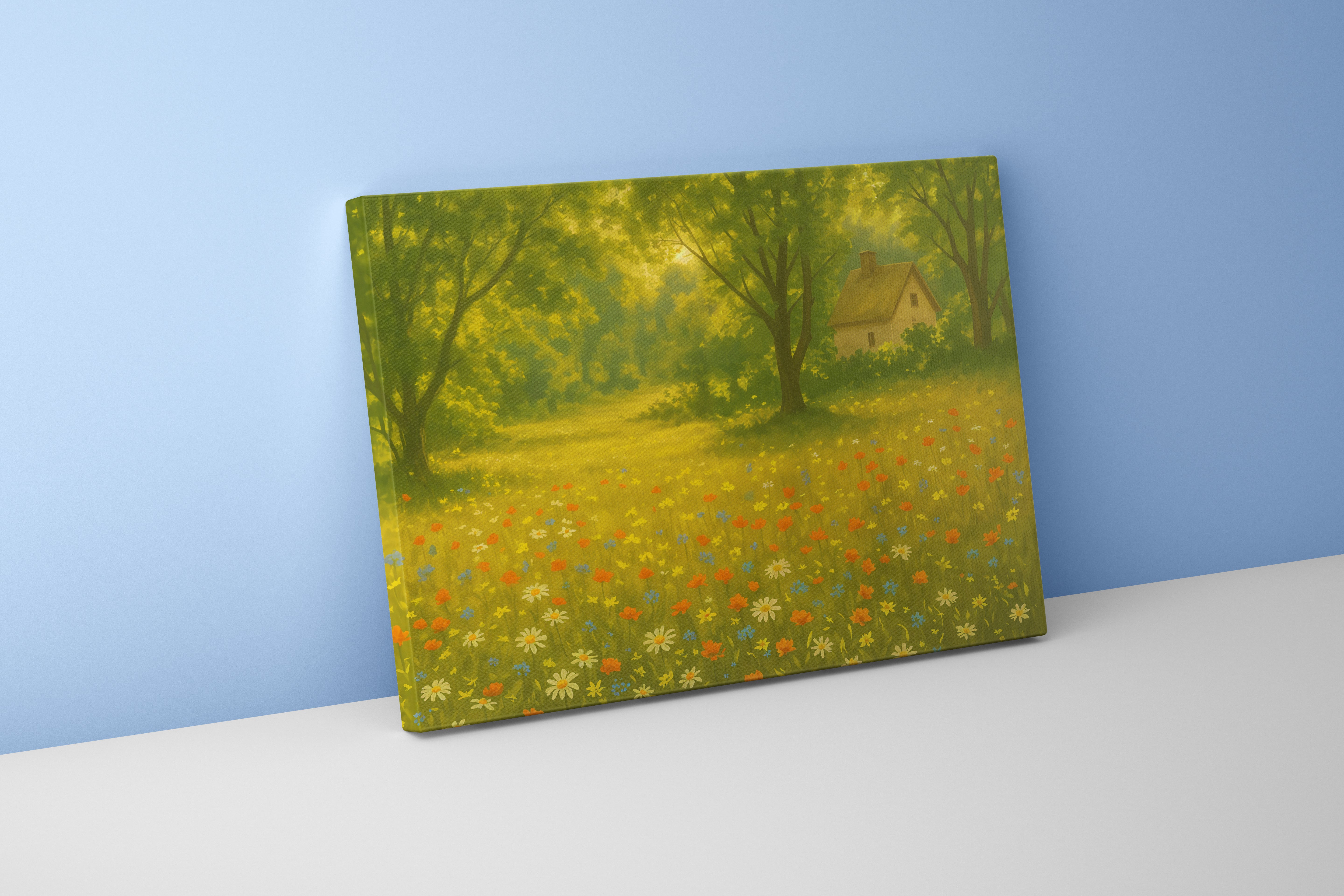 forest and small hut with flower view, view, art, kanvas tablo