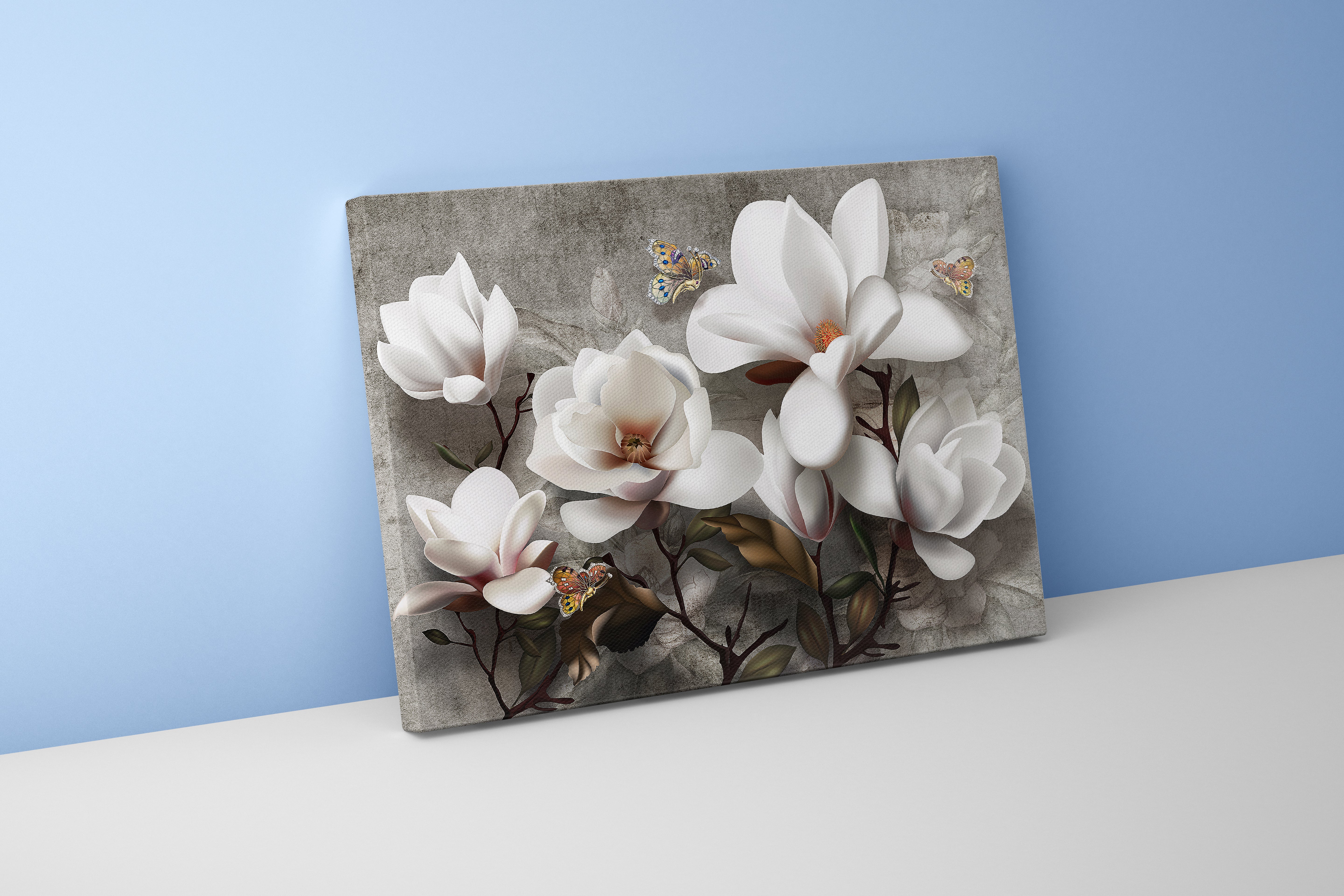 a 3d render of white magnolias and butterflies on a grey textured concrete wall, flower motif, art, kanvas tablo