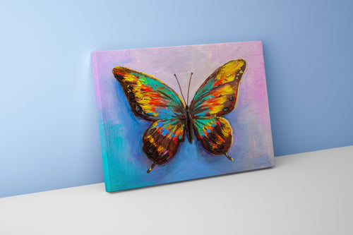 a vibrant, textured palette knife painting of a single colorful butterfly, flower motif, art, kanvas tablo
