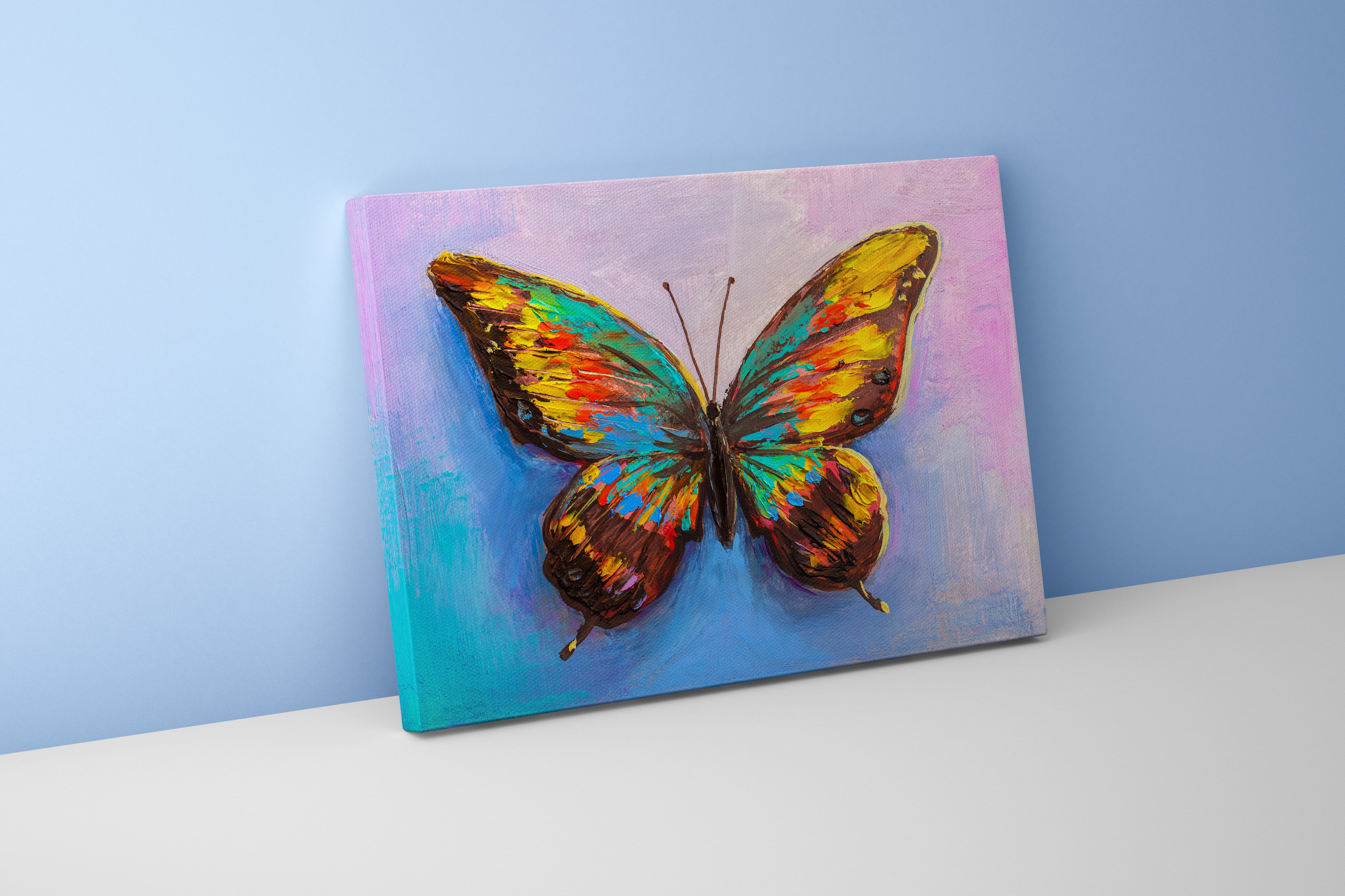a vibrant, textured palette knife painting of a single colorful butterfly, flower motif, art, kanvas tablo