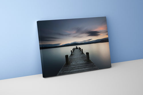 a serene wooden pier on a glassy lake with a moody, long exposure sky, view, art, kanvas tablo